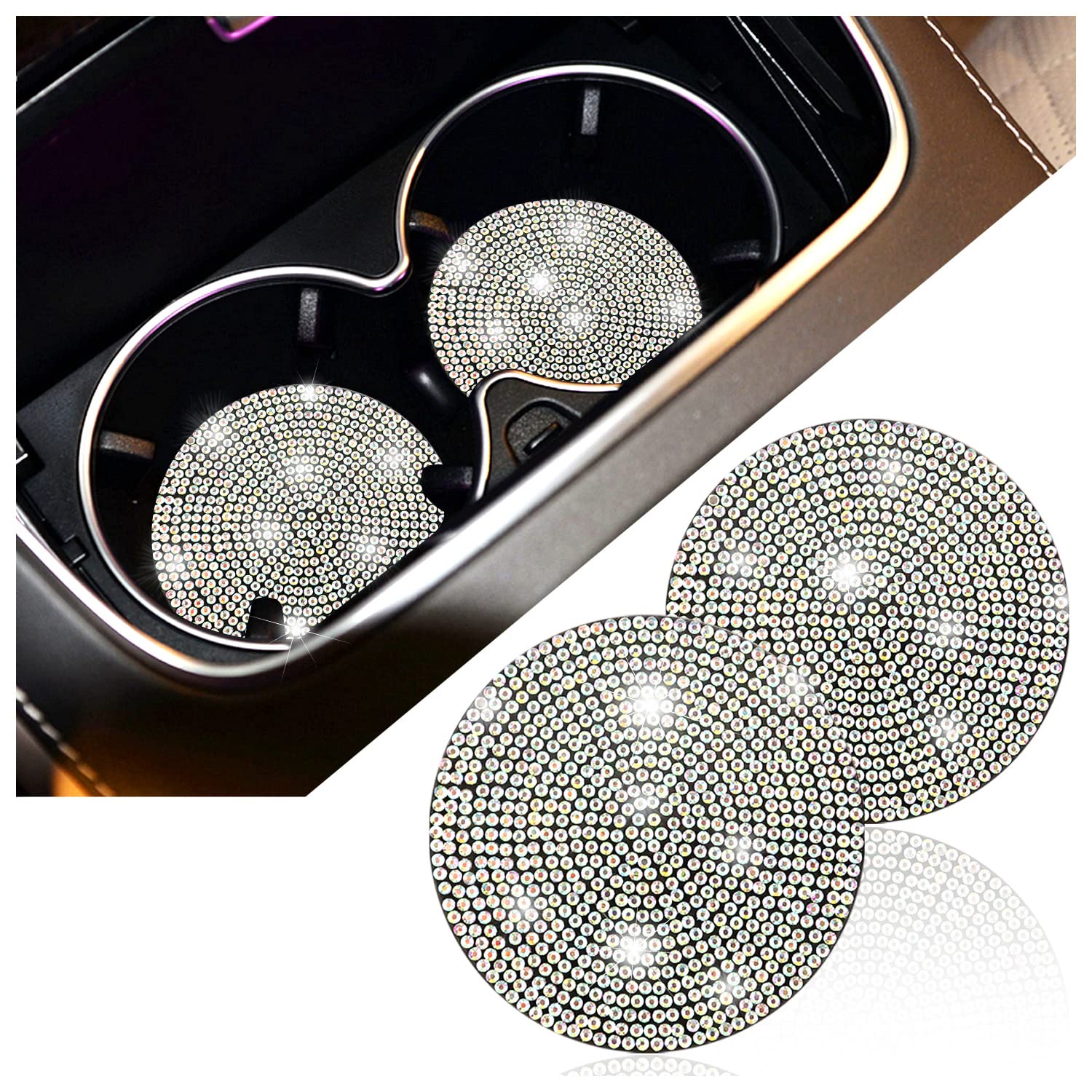 2Pcs Full Rhinestone Car Cup Coasters Car Bling Accessories for Women,2.7inch Universal Cup Holder Coasters Anti-Slip&Heat,Great Gift for Women,Girls Who Loves Diamond (Color rhinestones/2pcs)