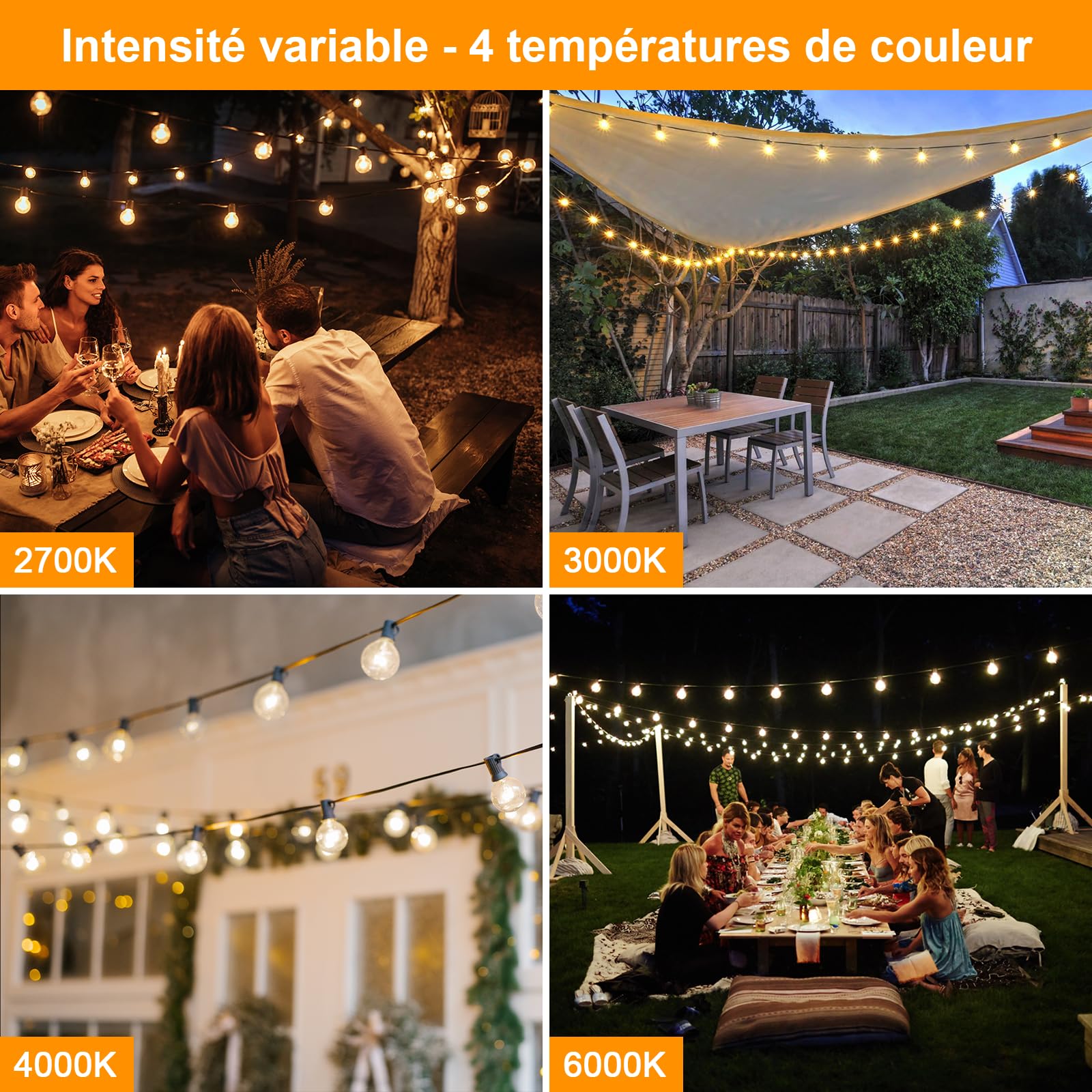 Kawaya Guirlande Lumineuse Exterieure 15M Guirlande Lumineuse Prise Secteur Electrique IP65 étanche Balcon avec 25+1 Led Ampoule Incassables 24V Basse Pression Dimmable en 4 Températures de Couleur