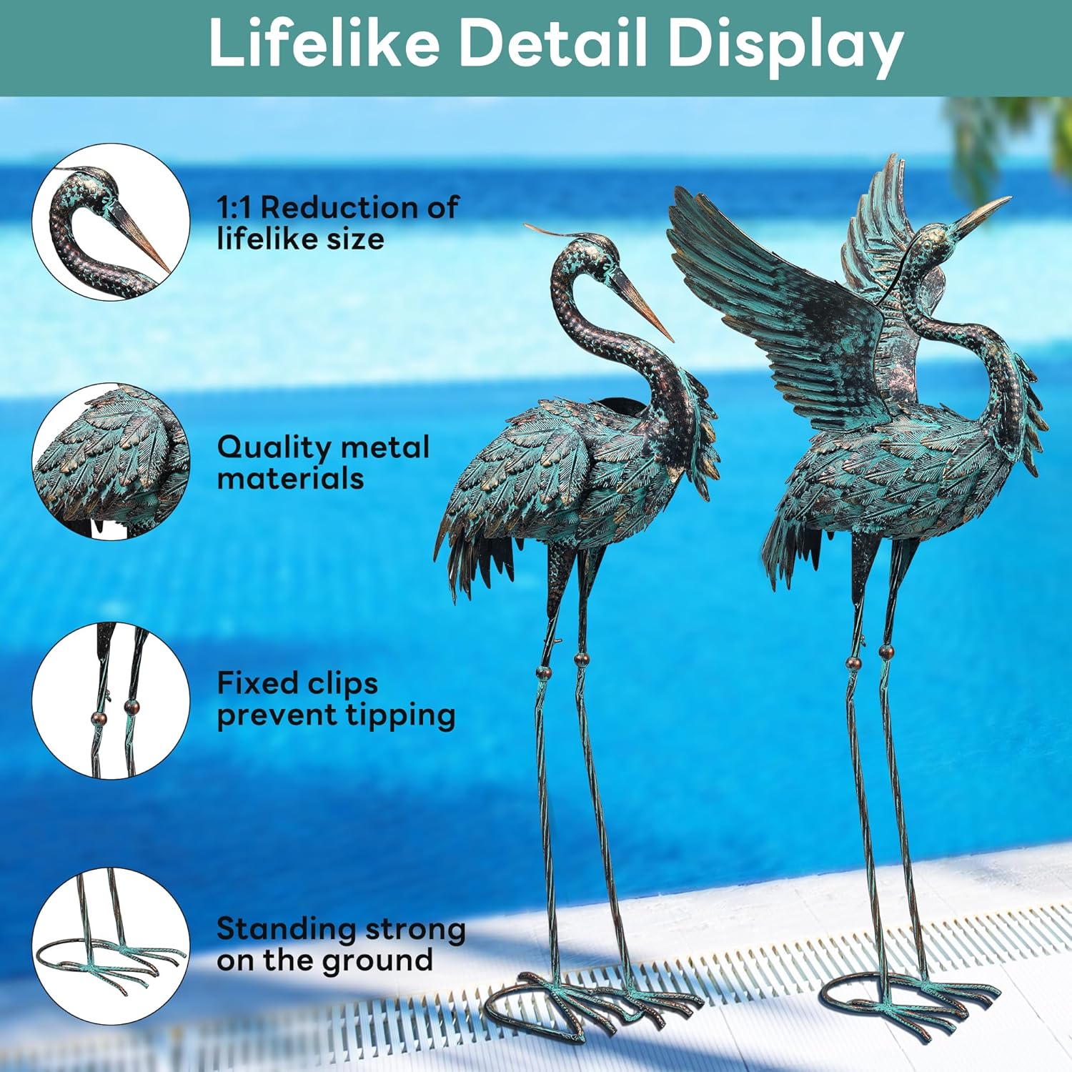 Garden Statues Large Metal Crane Sculptures, Outdoor Heron Metal Statue Yard Art for Garden Decor, Realistic Bird Art for Outdoor Decor, Standing Lifelike, Water&Rust-Proof, Set of 2 Bronze