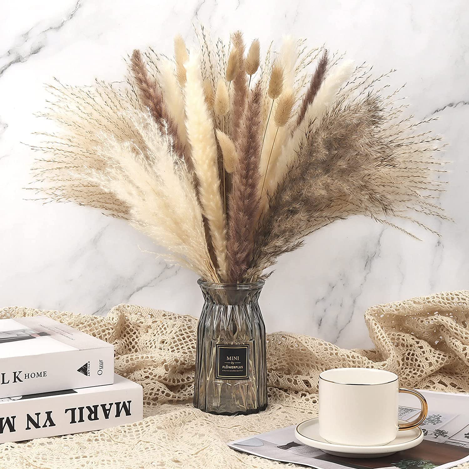 Dried Pampas Grass Decor, 17inch Pompas Floral Bouquet, 65 Pcs Natural Pampas Grass, Tall Pompous Grass for Flower Arrangements, Large Pampas Grass Plants for Wedding Home Decoration