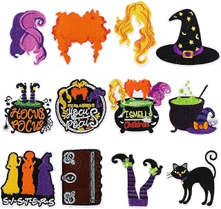 Whaline 12Pcs Hocus Pocus Iron-On Sew-On Patches Halloween Witch Heat Transfer Iron Patches Colorful Embroidered Cloth Patches Iron on Patterns for Clothing Fabric DIY Craft Decor