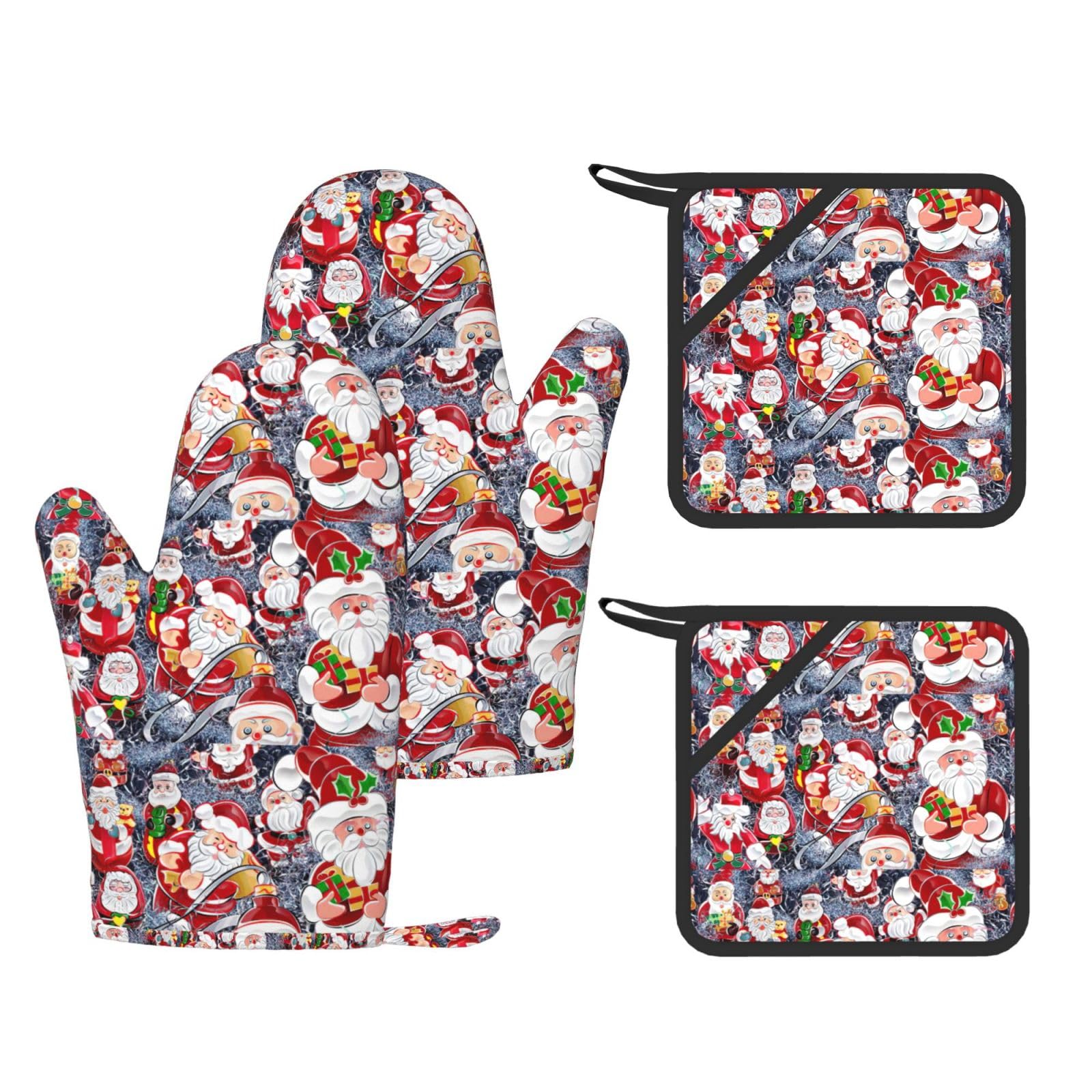 Santa Claus Snowman Fashion Printed Kitchen Kit with Heat Resistant Oven Mitts & Non-Slip Hot Pads for Baking
