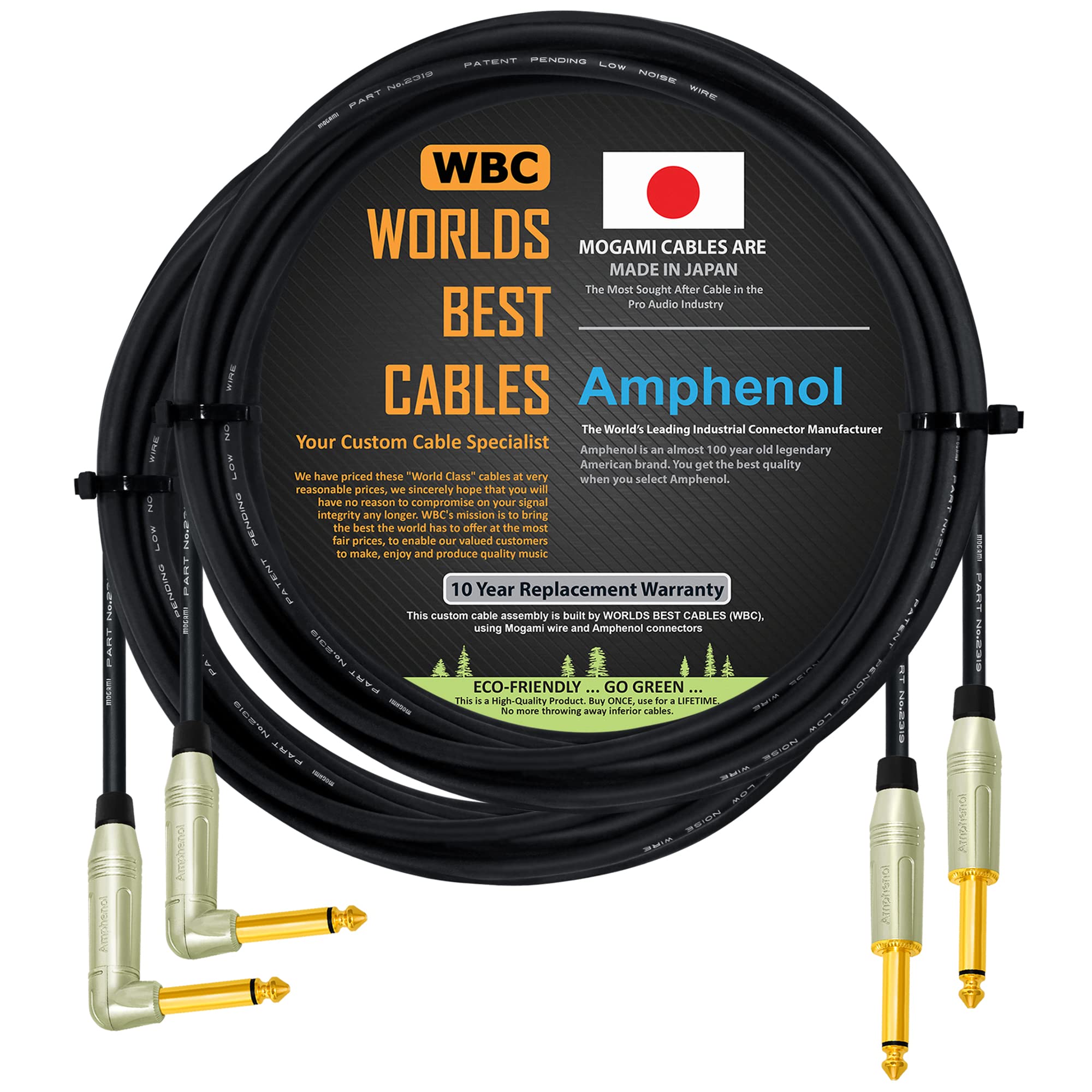 WORLDS BEST CABLES2 Units - 8 Foot - Pedal, Effects, Patch, Instrument Custom Made –Using Mogami 2319 Wire & Amphenol ACPM-RN-AU & ACPM-GN-AU M-Series Angled & Straight Gold TS Plugs