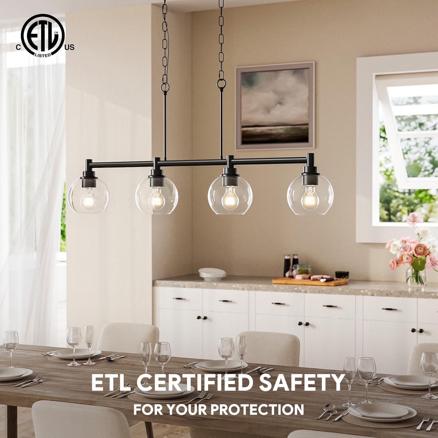 VONLUCE Dining Room Light Fixture Over Table, 4-Light Kitchen Island Lighting with Round Glass Shades & Adjustable Hanging Heights, Linear Chandlier for Dining Room Kitchen, Black, ETL Certificated Matte Black 4-Light