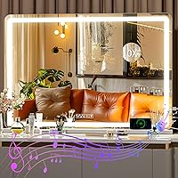 Vista 11 de Hasipu - Espejo de tocador con luces LED y altavoz Bluetooth, espejo iluminado de maquillaje de 32 x 22 pulgadas, con 3 modos regulables, puerto