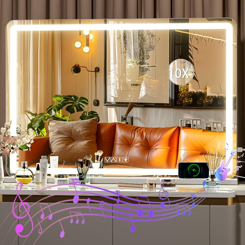 Espelho para maquiagem Hasipu com luzes LED, alto-falante Bluetooth e controle por toque, 3 modos de iluminação, branco
