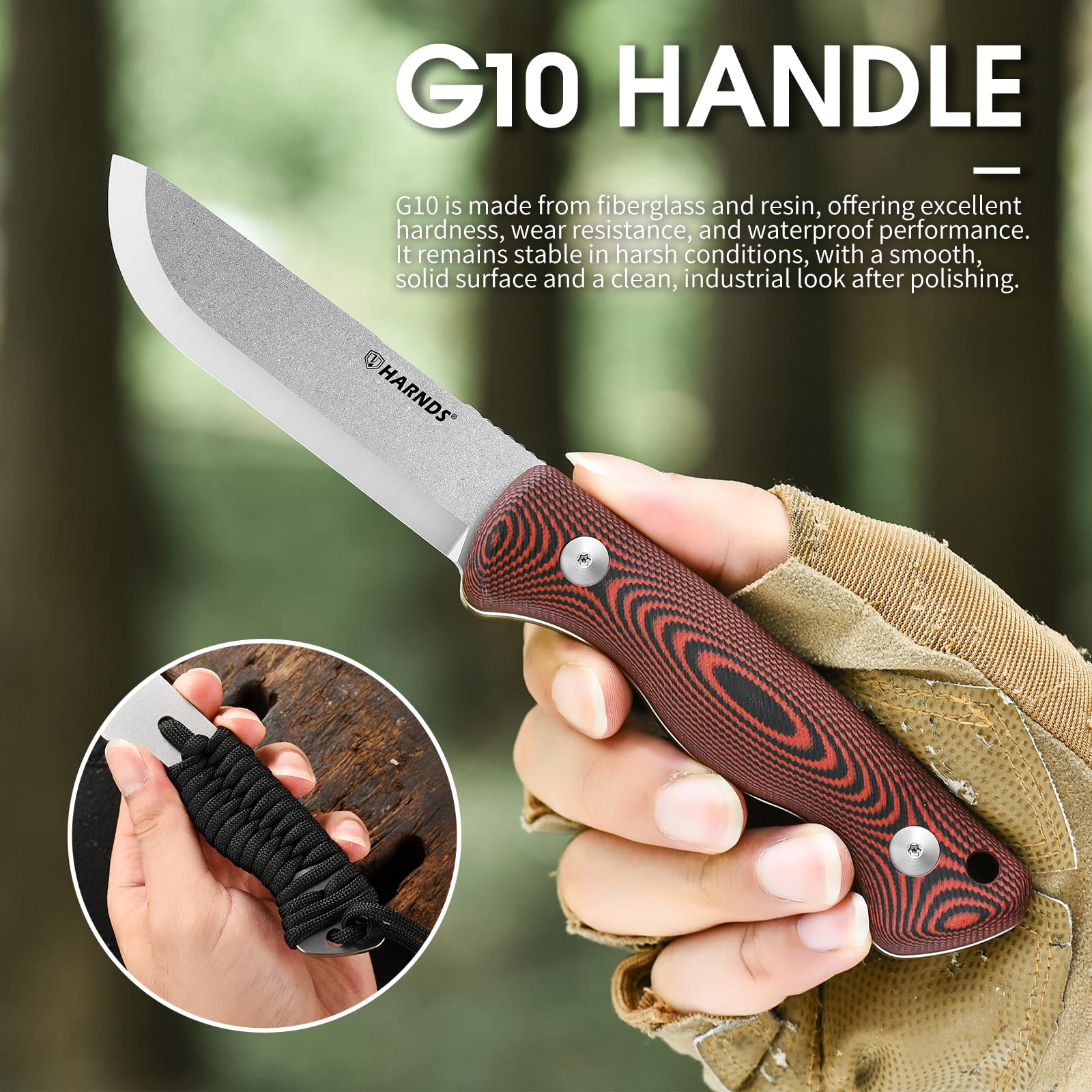 HARNDS Discovery Cuchillo de fijación de tono completo al aire libre en acero 10Cr15CoMoV con empuñadura G10 extraíble, carcasa ajustable, alisado escandinavo (negro-rojo)