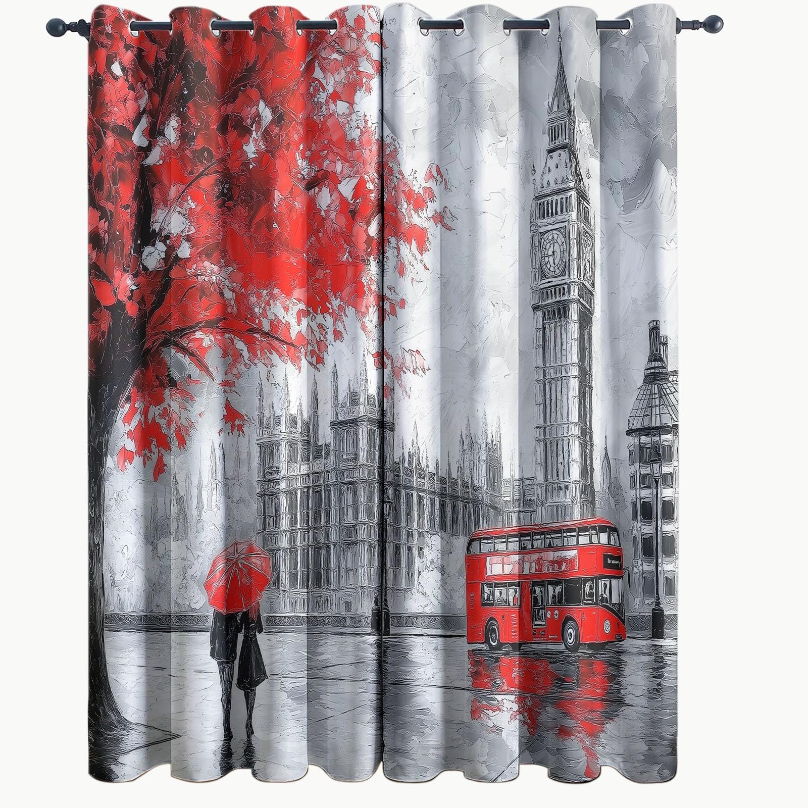 Zasłona zaciemniająca do budynku miejskiego autobusu czerwono-szara szer. 117 cm x dł. 229 cm (2 panele) zasłony zaciemniające do pokoju, energooszczędny nadruk, miękkie zasłony zaciemniające z