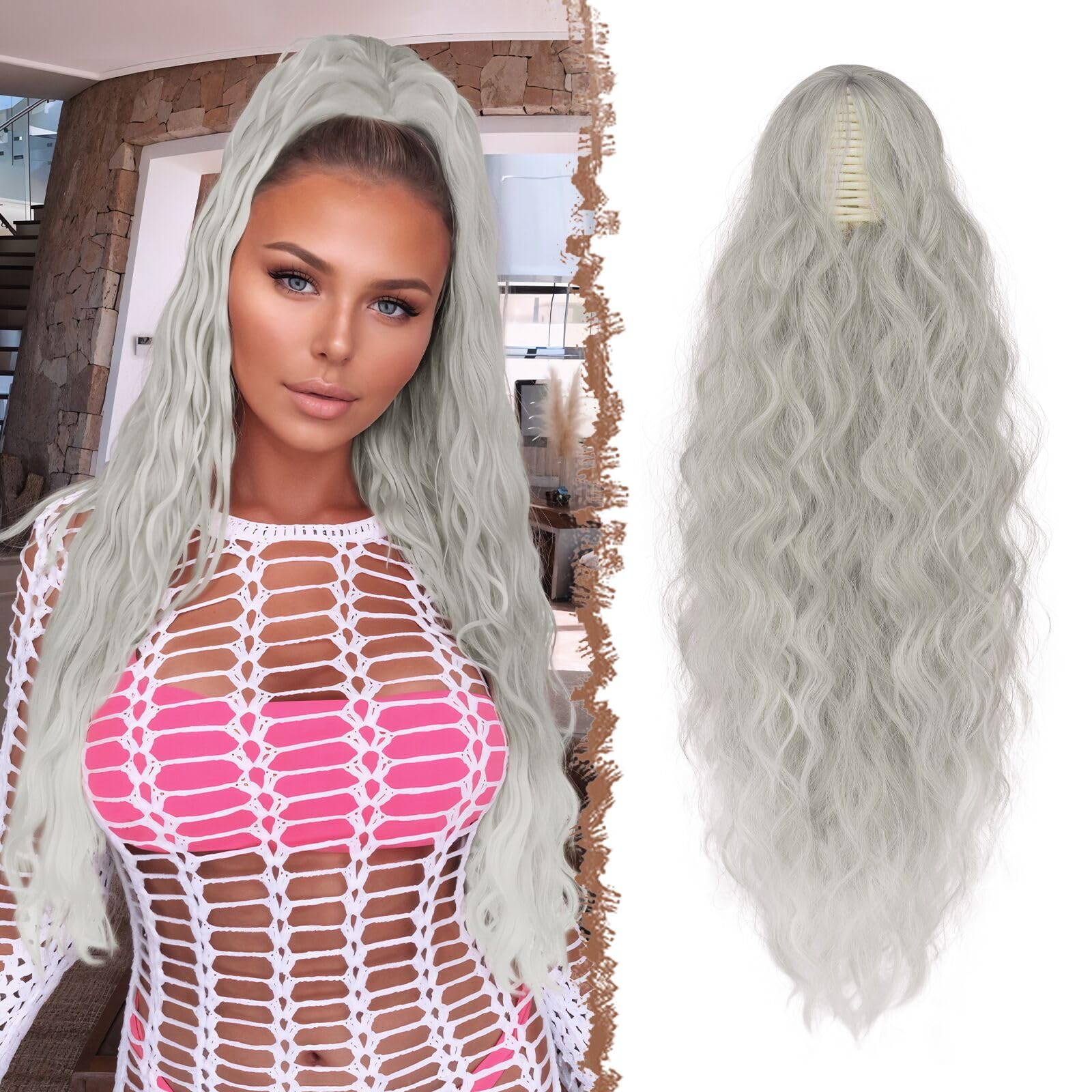 FESHFEN Claw Clip Ponytail Extensions, Long Pony Tail Hair Piece Wavy Curly Synthetic Hairpieces for Women Grey 30 inch