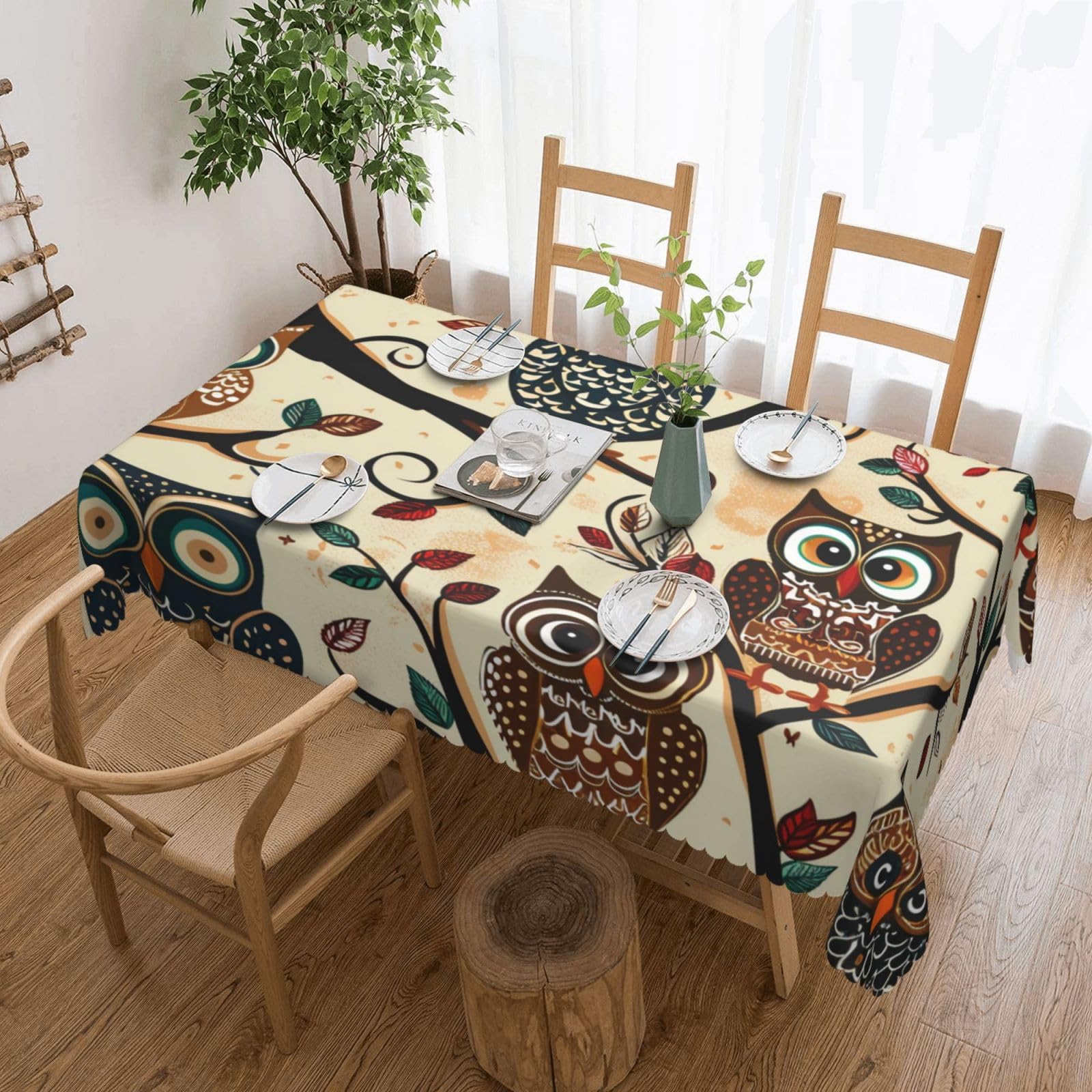 WPKJU Owls on Tree Branches Printed Rectangle Tablecloth 72x54 Inch with Lace Trim, Water-Resistant Washable Table Cover for Farmhouse Weddings, Outdoor Picnics & Holiday Dining