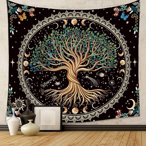 Miniatura 4 de Tapiz de árbol de la vida de fase lunar, naturaleza, flores, plantas, mariposas, tapices bohemios, mandala espiritual, tapiz estético para colgar en