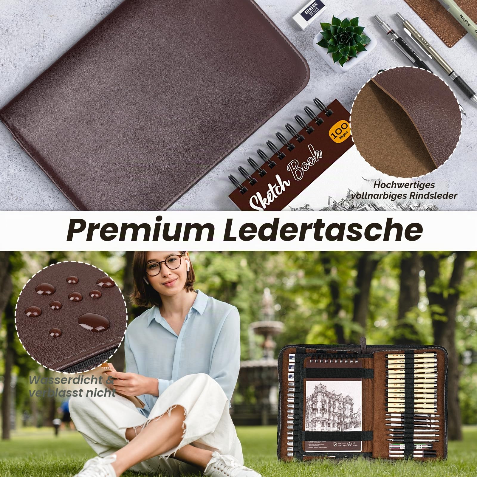 Nicpro 58-teiliges Zeichenset im Lederetui, Druckbleistift Set mit 6 Metall Mechanische Bleistifte 0,5 & 0,7 & 0,9 & 2mm Fallminenstift, 12 Fineliner Schwarz,Skizzenbuch, 30 Röhrenminen zum Skizzieren