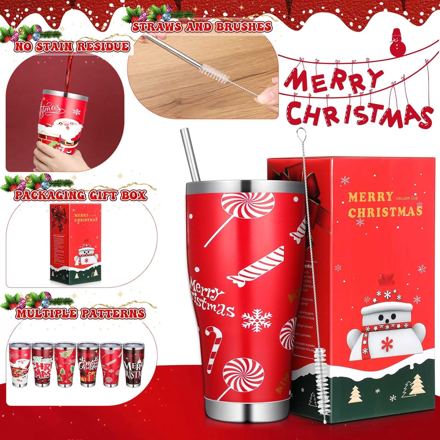 Mifoci 6 Pcs Christmas Tumblers 30oz Stainless Steel Christmas Travel Coffee Cup Double Insulated Vacuum Tumbler with Lid Straw Santa Claus Holiday Mug Gifts for Coworker Team Teacher(Novelty) - Image 3