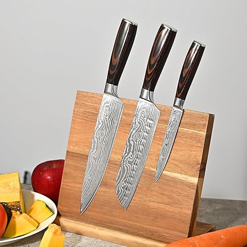 Miniatura 9 de Juego de cuchillos de chef de cocina profesional, Razor Sharp de acero alemán de alto carbono, 3 piezas, mango ergonómico de madera de Pakkawood