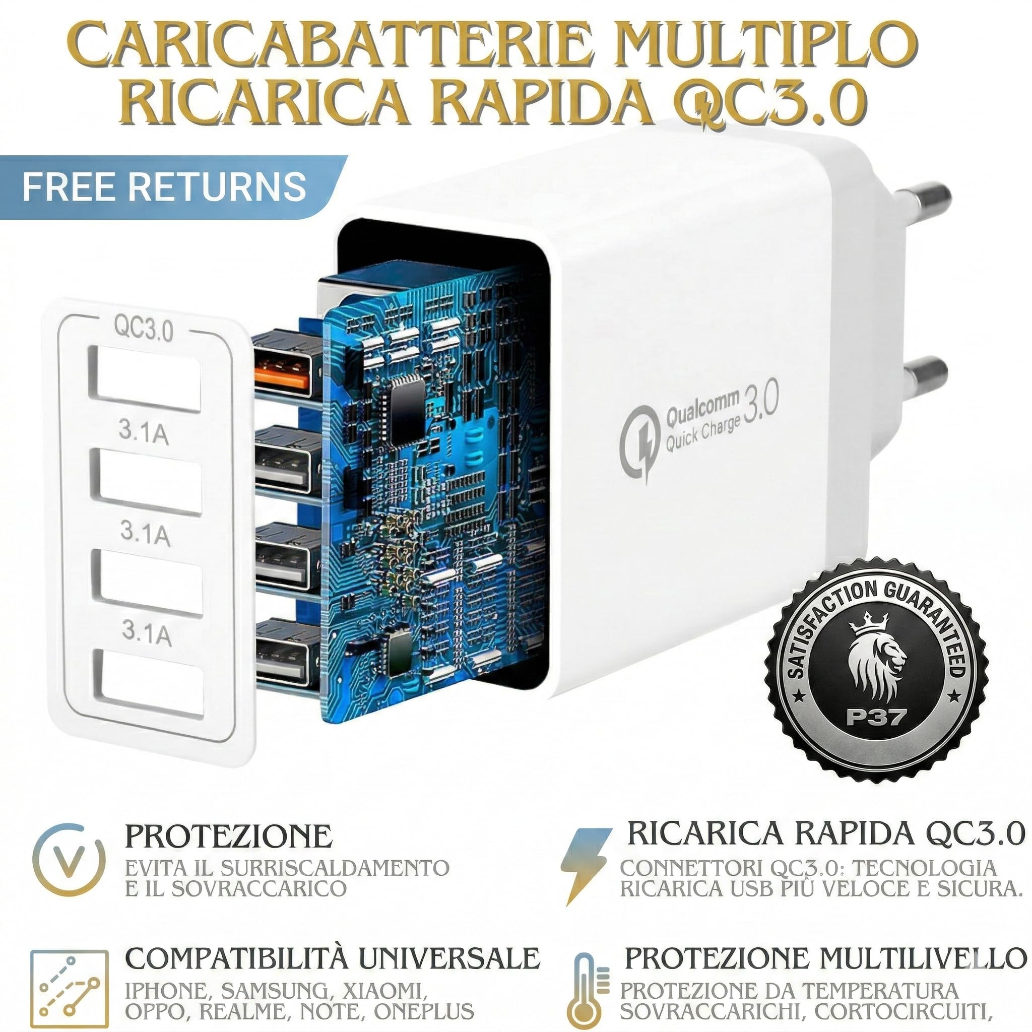 Caricatore USB Rapido 33W QC3.0, Alimentatore A Muro Con Protezioni Di Sicurezza, Ingresso Universale 100-240V Per Telefoni, Fotocamere E Console