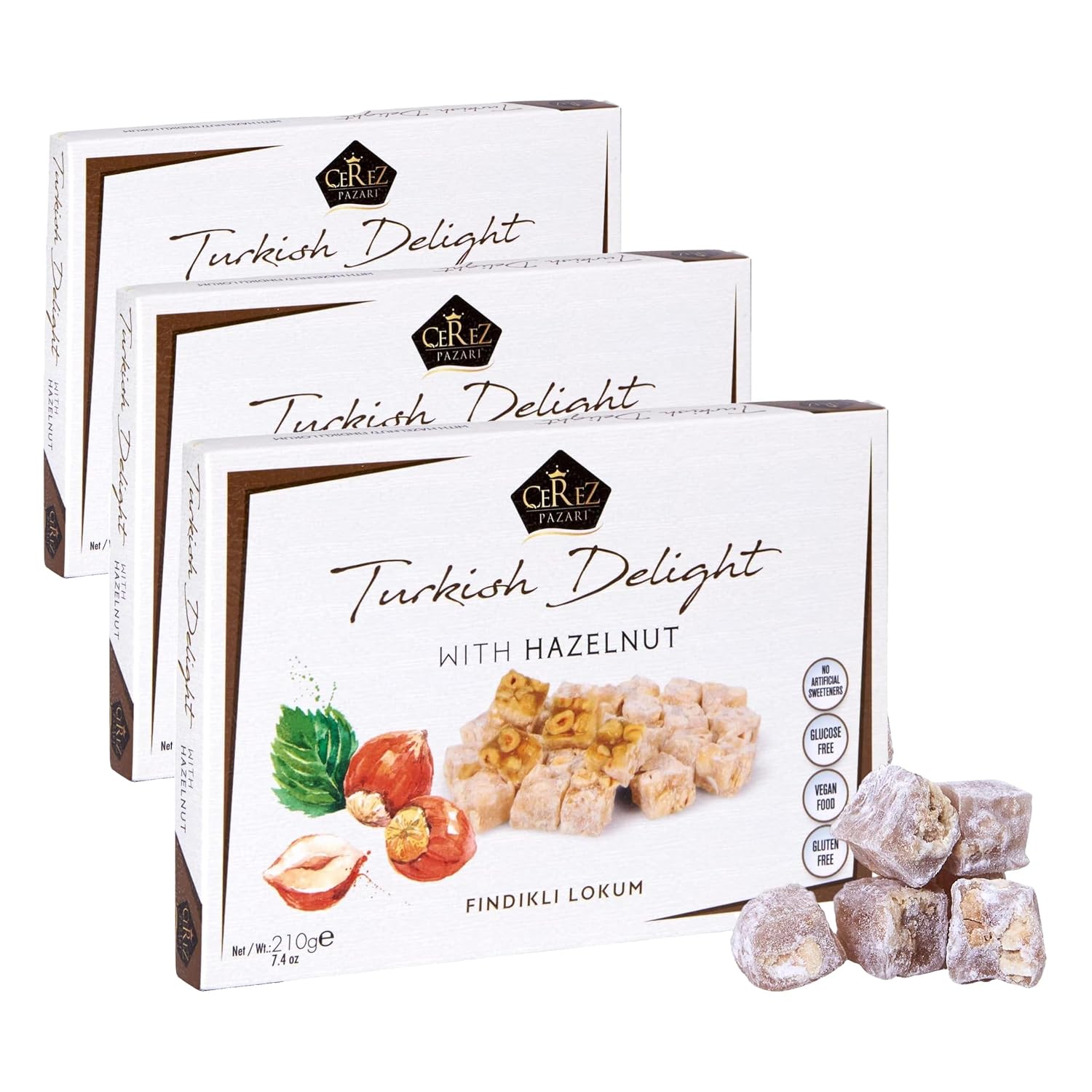 Cerez Pazari Turkish Delight Hazelnut Candy Gourmet Premium Vegan Sweets Small Gift Box 7.4oz | Luxury Traditional Soft Confectionery Lokum (Loukoumi) | Small Size Snacks Apprx.35 Pcs (Pack of 3)