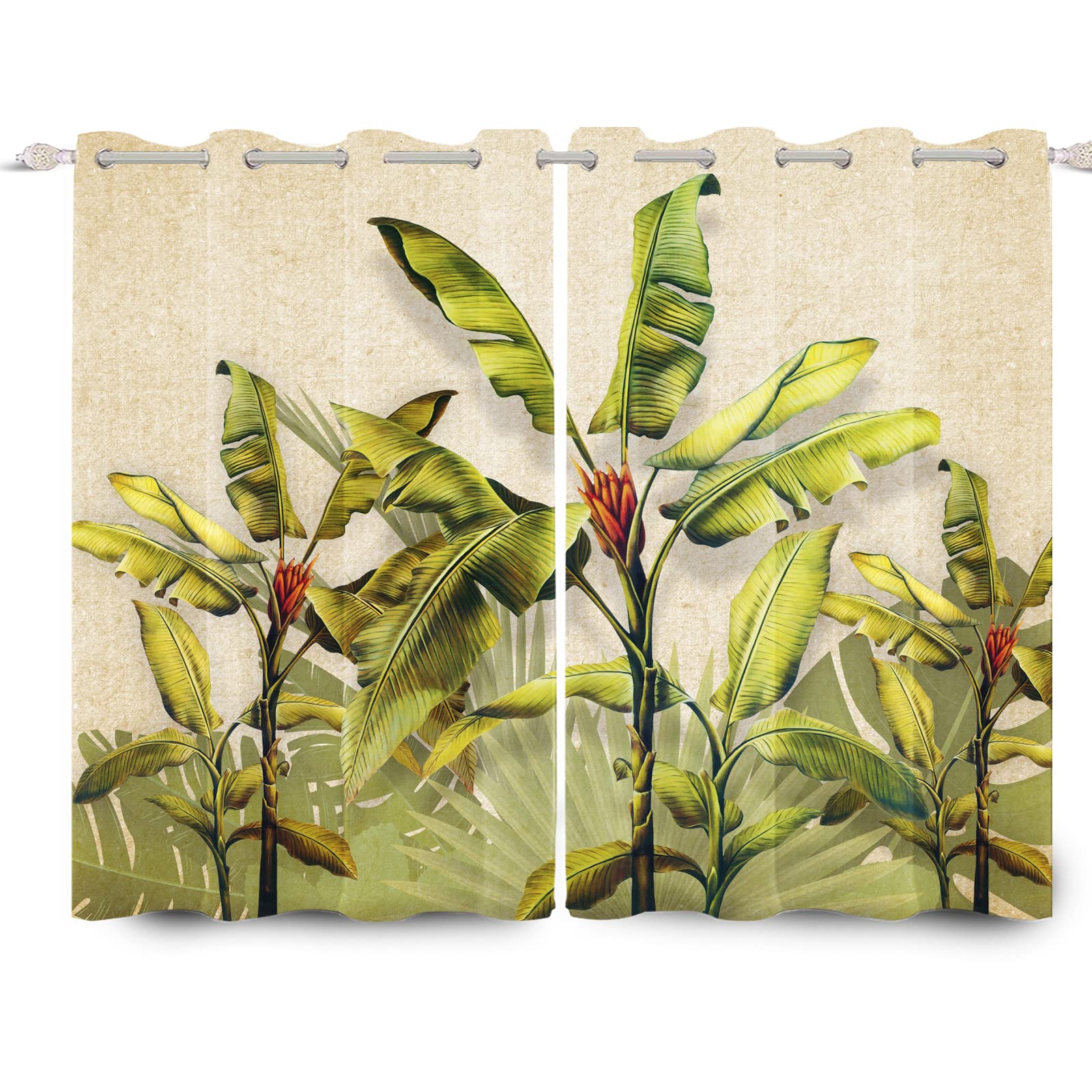 107x160cm Exótico Banana Árbol Cortina de Ventana Tropical Verde Palmera Árbol Sale de Verano Lámina Cortina Opaca Antiguo Cortinas Opacas para Dormitorio Aislamiento Térmico, 2 Paneles