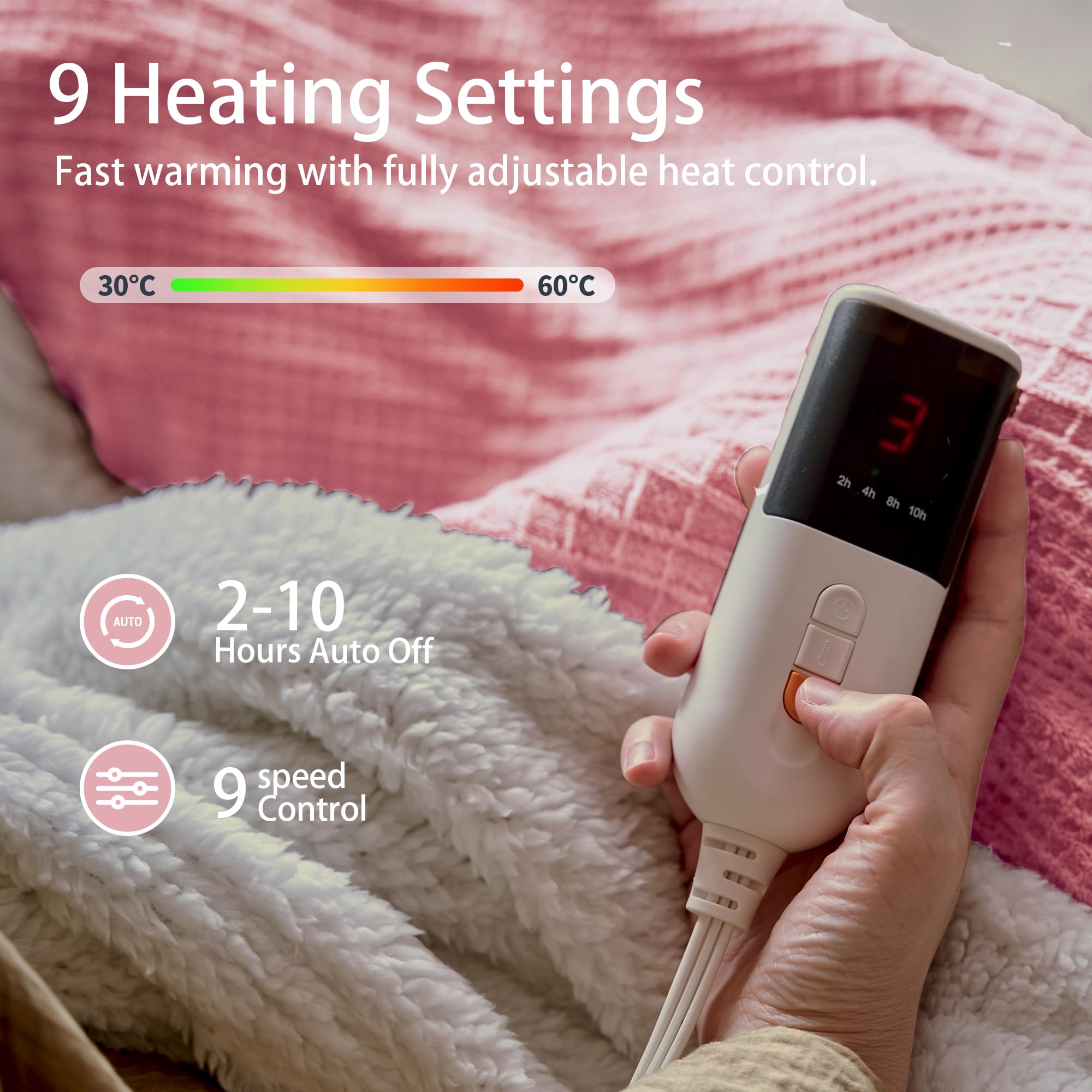 Texciting Electric Blanket Heated Throw 130X180cm-Heated Blanket With 9 Heat Settings-10 Hours Auto off CE Certified Machine Washable (Pink) - Image 3