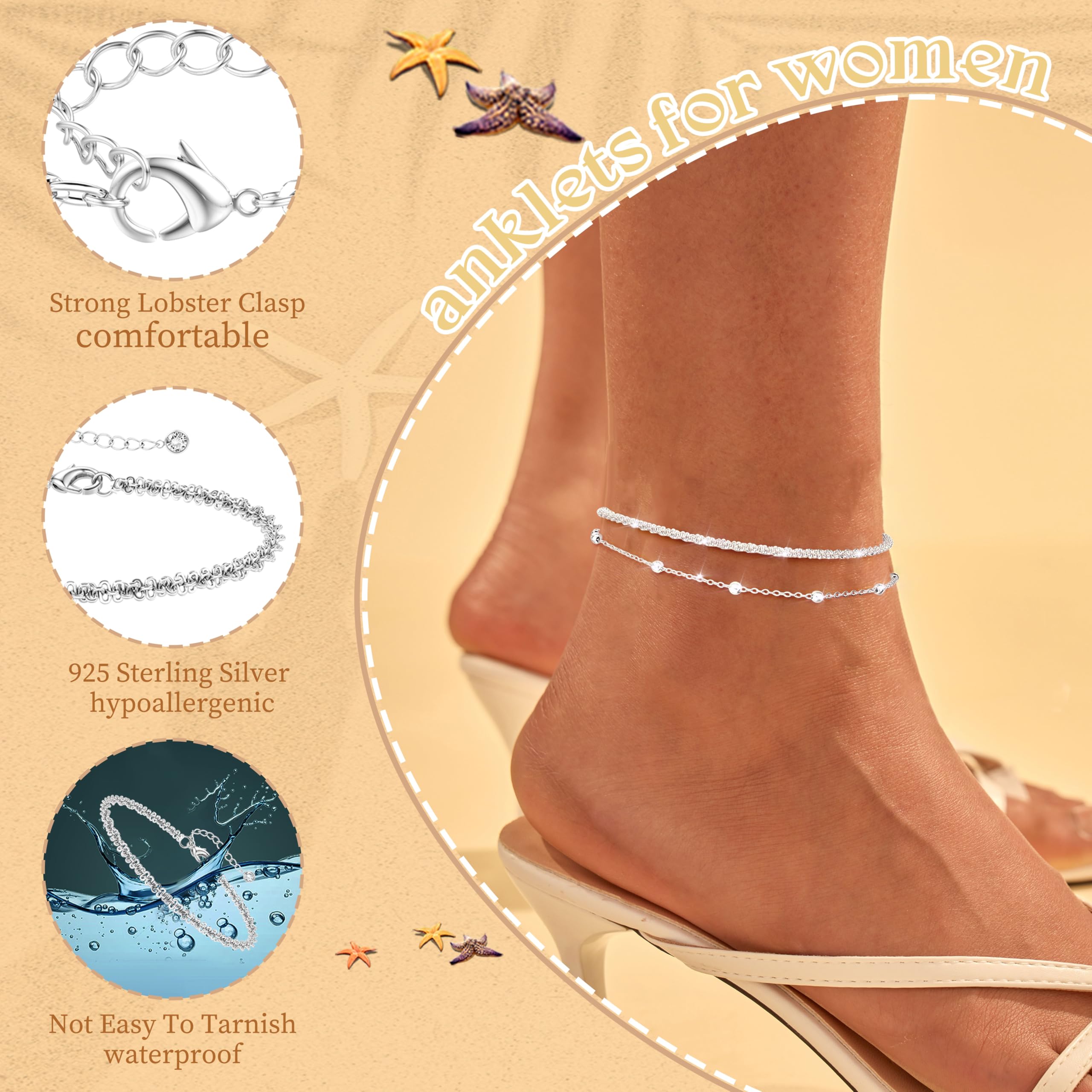 Diamday 2Pcs Cavigliera da Donna Argento 925 Cavigliere Argento Oro Regolabile Delicato Bracciali Caviglia Impermeabile Cavigliera Gioielli Spiaggia Cavigliere a Strati per Donna
