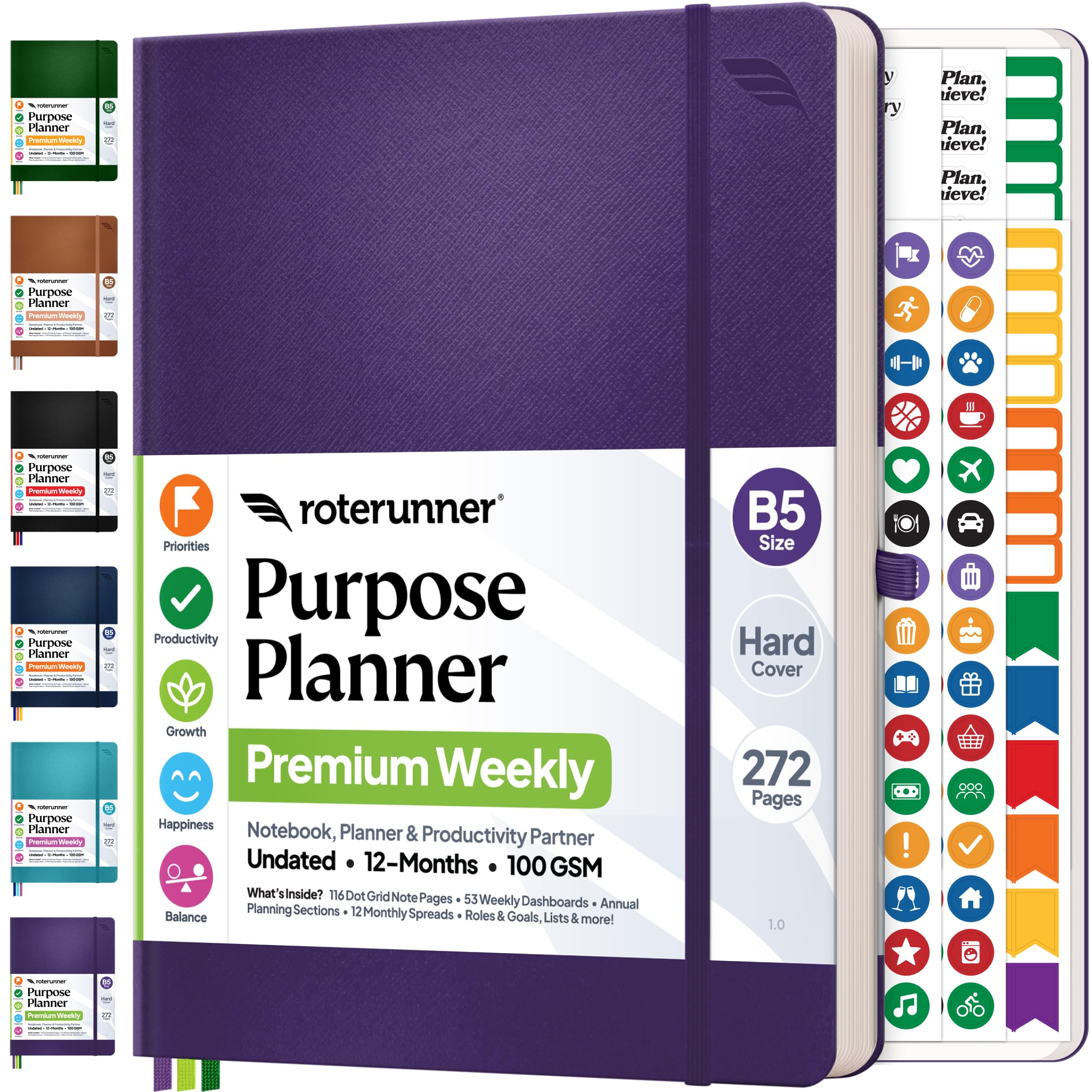 Roterunner Agenda B5, 19 x 24,9 cm, 12 mesi, non datata, 2026, giornaliera, settimanale e mensile, strumento per la definizione degli obiettivi di produttività, per lavoro, casa, ADHD, per adulti