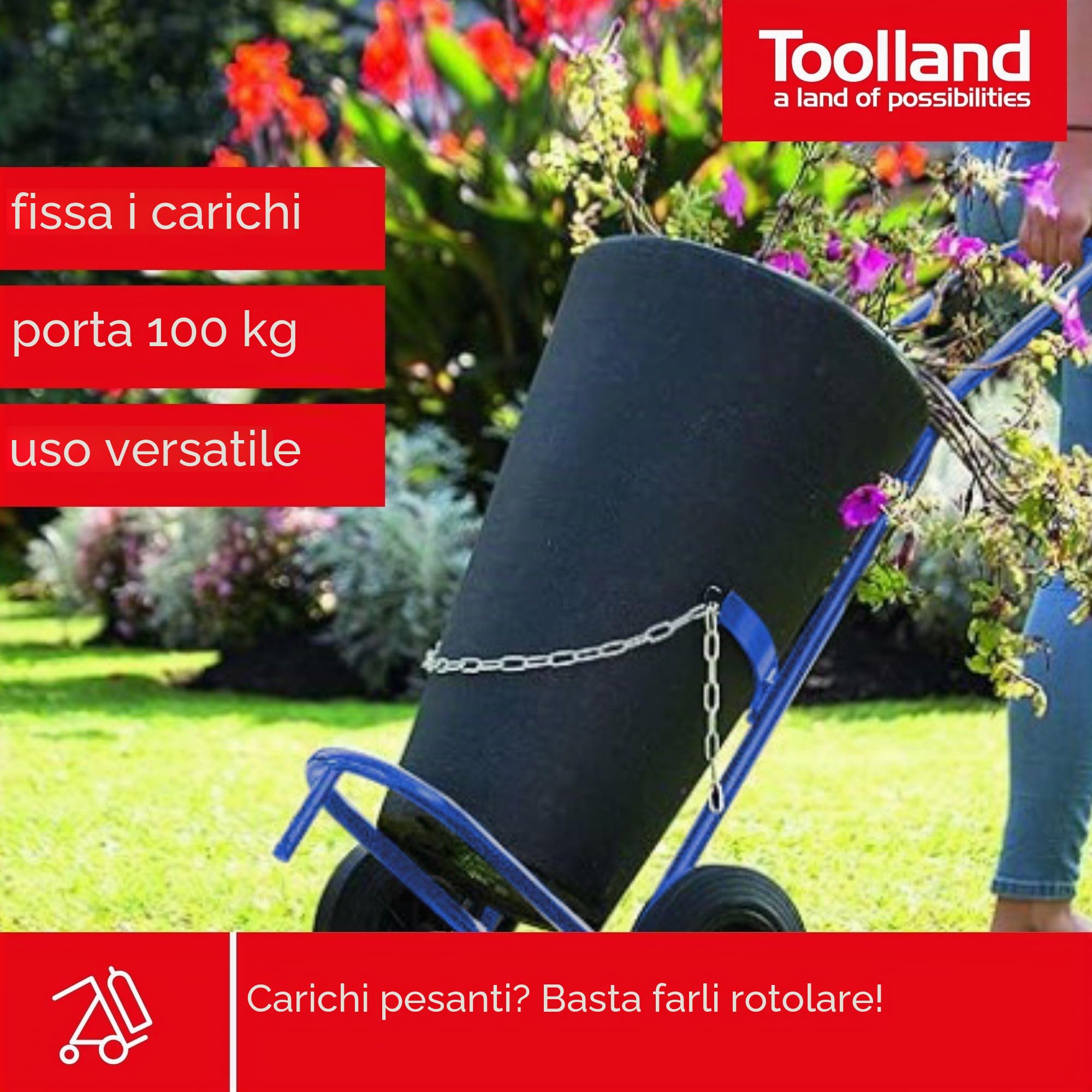Toolland Carrello per bombole di gas blu portata 100 kg catena di sicurezza regolabile telaio in acciaio inox grandi ruote da 20 cm adatto per bombole di propano butano fusti di birra uso interno ed