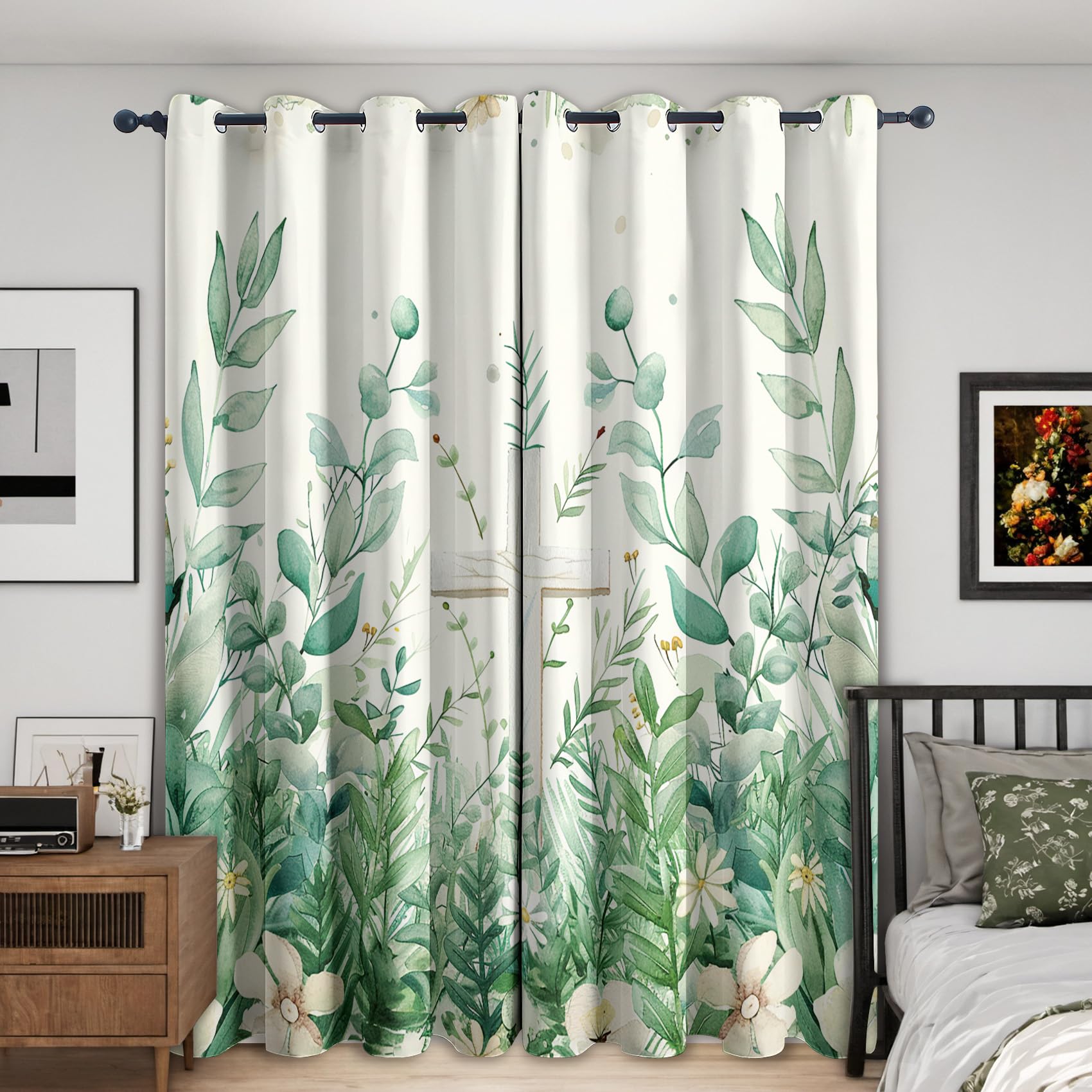 Green Leaf Curtains Blackout, 52x63 Inch 2 Panels - Cross Farmhouse Plant Pattern Black Out Curtains, Home Decor, 63 Drop Eyelet Window Drapes for Bedroom, Living Room KA247