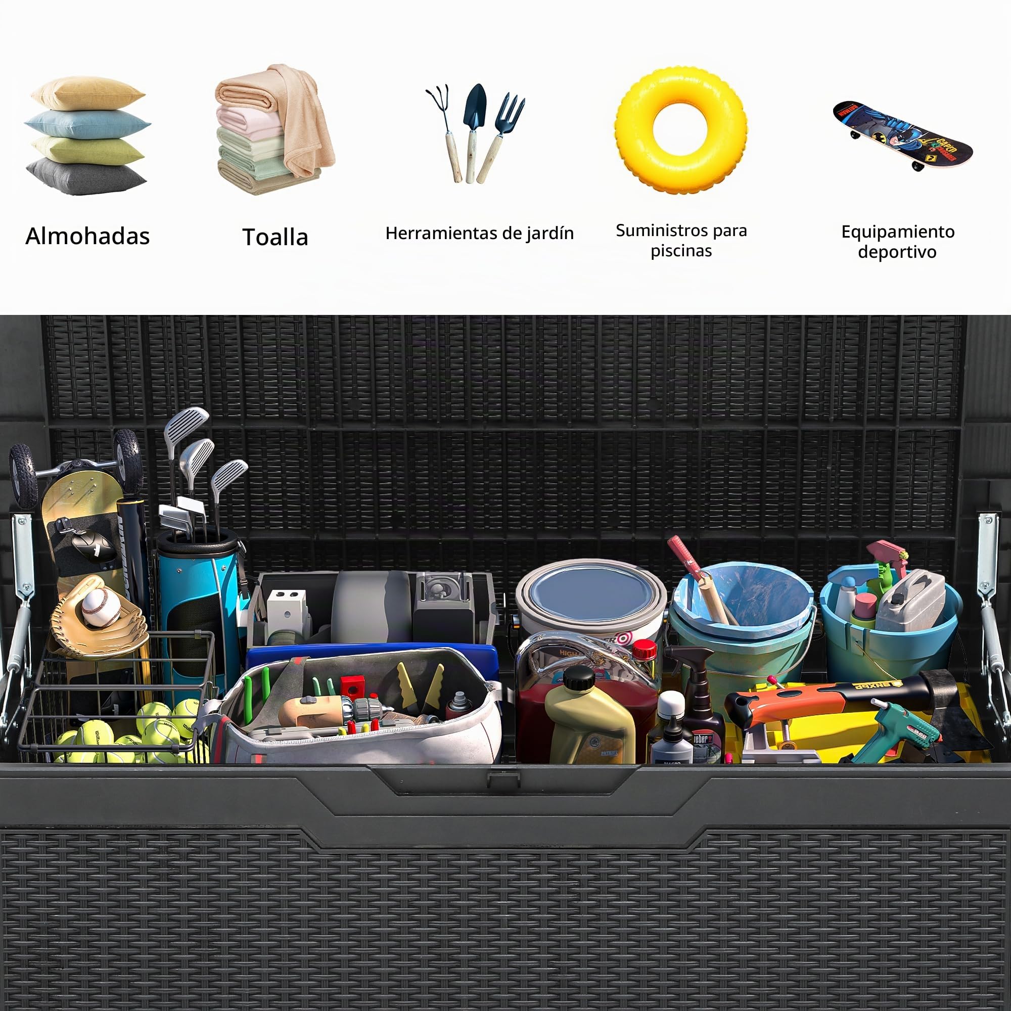 YITAHOME Caja de resina de 100 galones, resistente a la intemperie, caja de almacenamiento para exteriores e interiores con cerradura para suministros y artículos esenciales, color negro