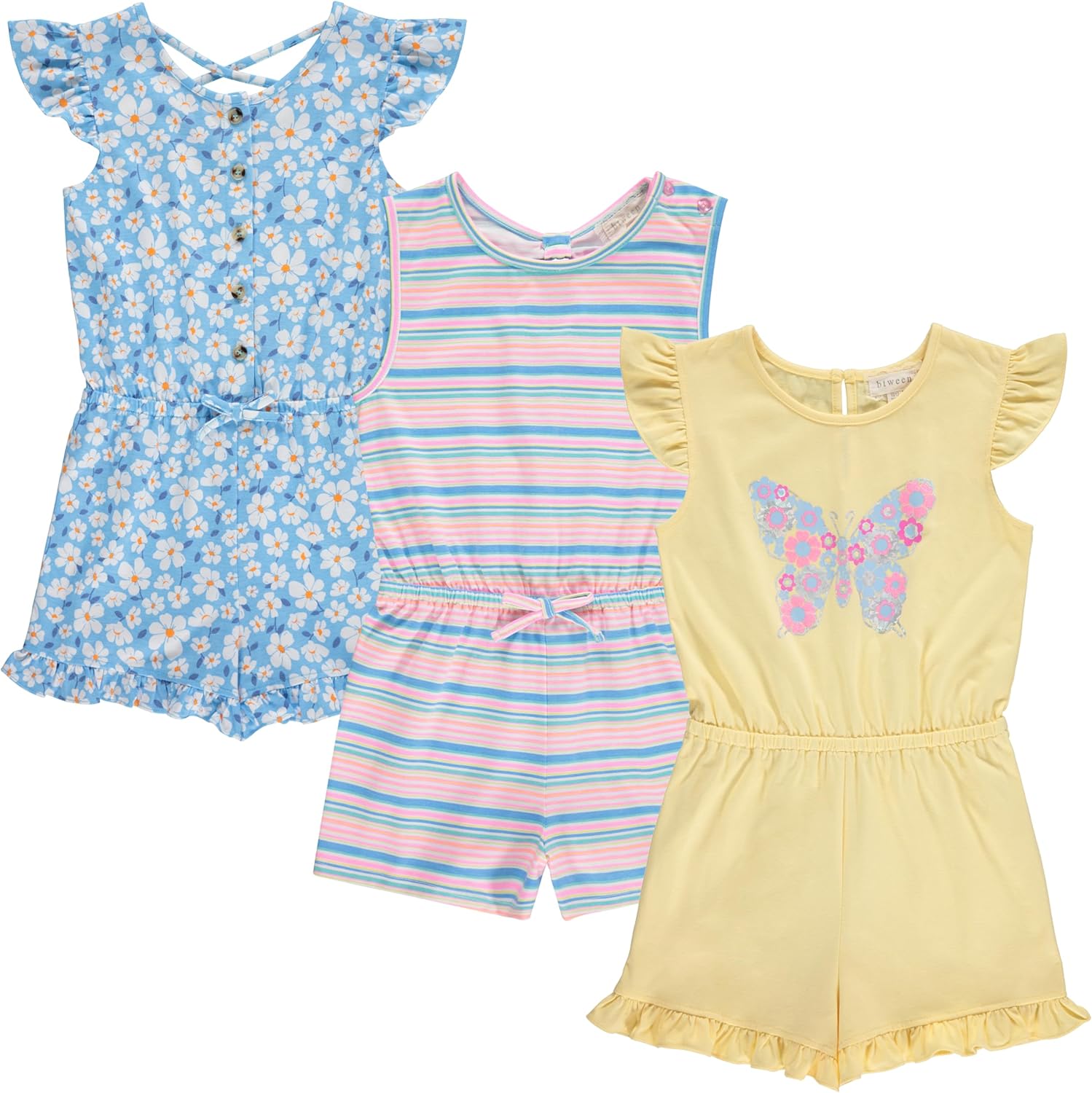 BTween Girls’ 3-Pack Romper Set – Cute & Comfy Sleeveless Summer Jumpsuits for Kids – Floral, Striped & Solid Designs (4-16)