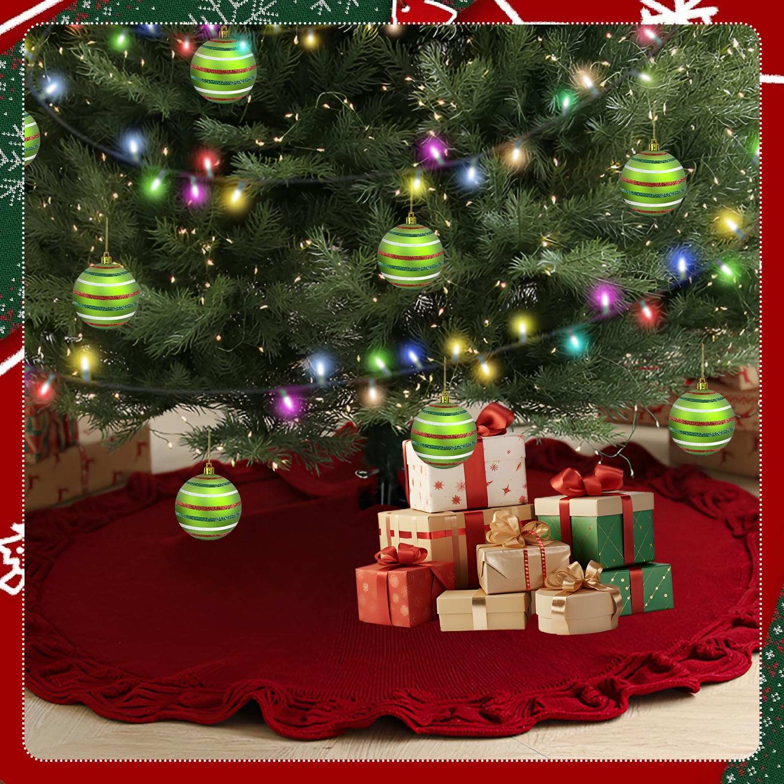 90 cm Jupe de Sapin de Noël Tricoté Rond Jupe d'arbre Sapin Noel pour Fournitures de Décoration Intérieure et Les Décorations de Fête Noël (Rouge)