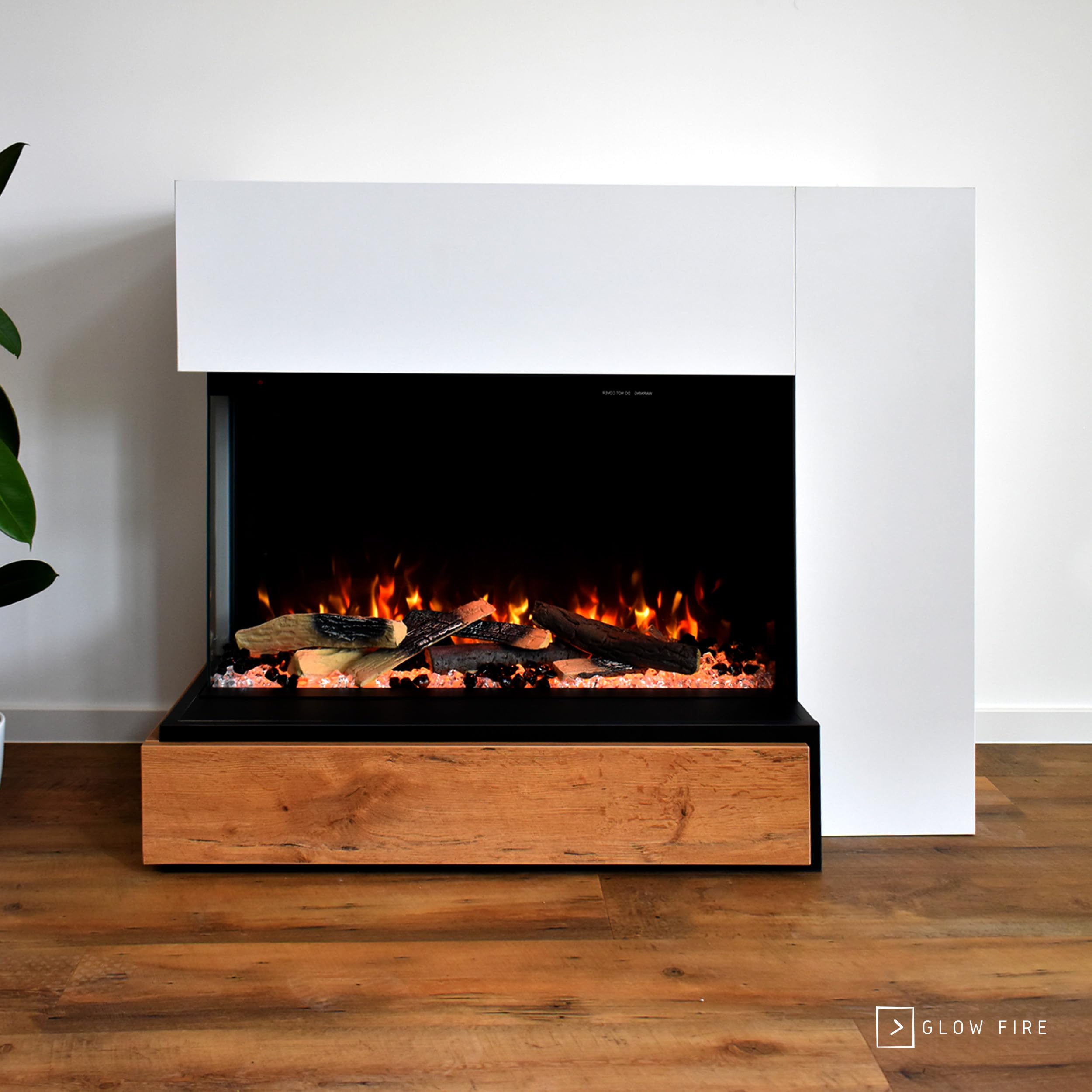 GLOW FIRE Kominek EINSTEIN otwarty z lewej z realistycznym ogniem LED 3D E-Motion - wolnostojący kominek elektryczny z ogrzewaniem, ogniem kominkowym, timerem, maks. 1500 W, 109x89x51, Biały