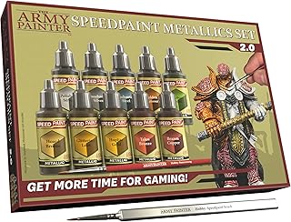 The Army Painter Speedpaint Metallics Set 2.0+ - 10 Speed Model Paint Kit - Pre-Loaded with Mixing Balls, 1 Basecoating Model Paint Brush, Army Painter Speed Paint Metallic Miniature Painting Kit