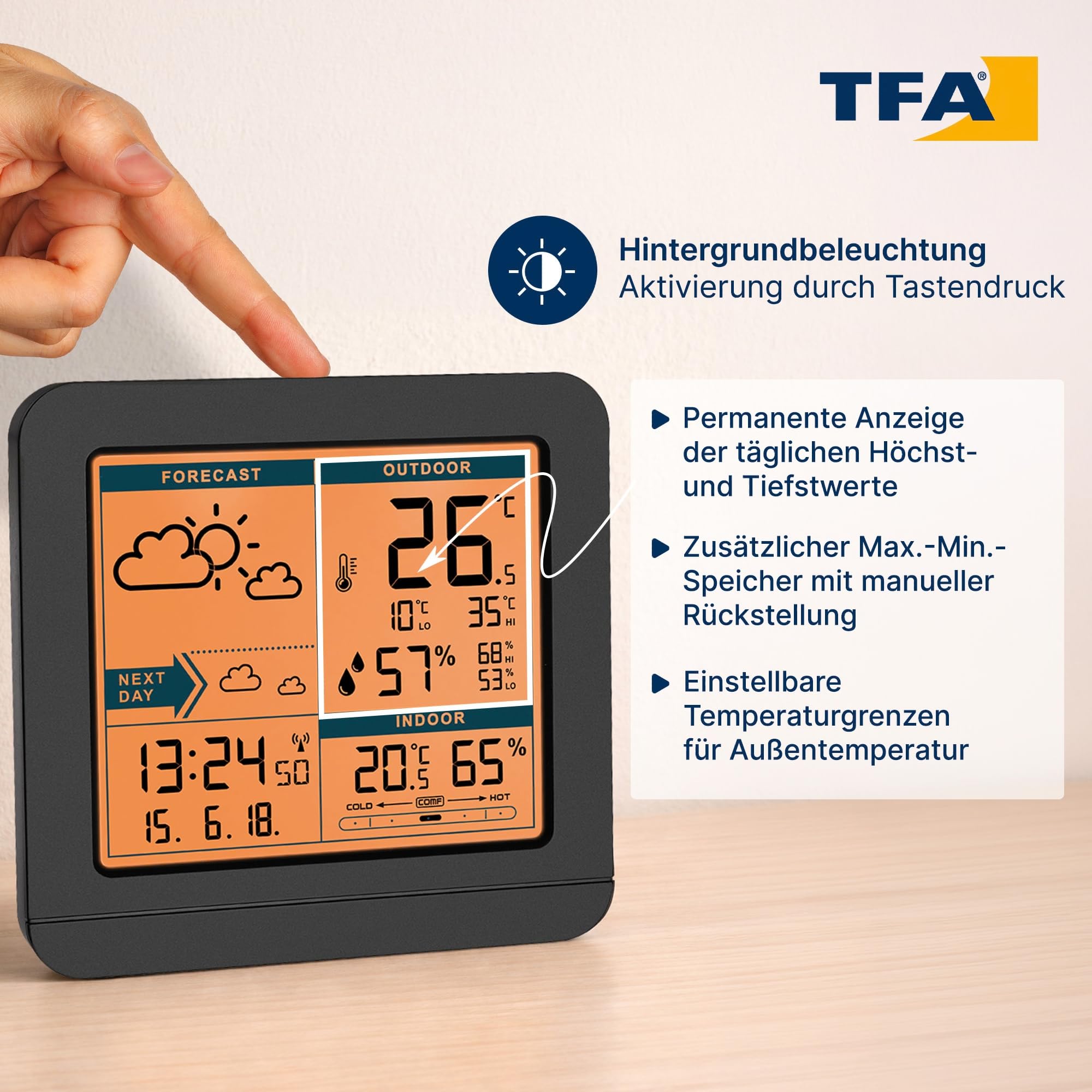 TFA Dostmann digitale Funk Wetterstation SKY, 35.1152.01, mit Außensensor, Temperatur & Luftfeuchtigkeit innen/außen, Wettervorhersage, Höchst- und Tiefstwerte, Funkuhr, 123 x 52 x 117 mm, schwarz