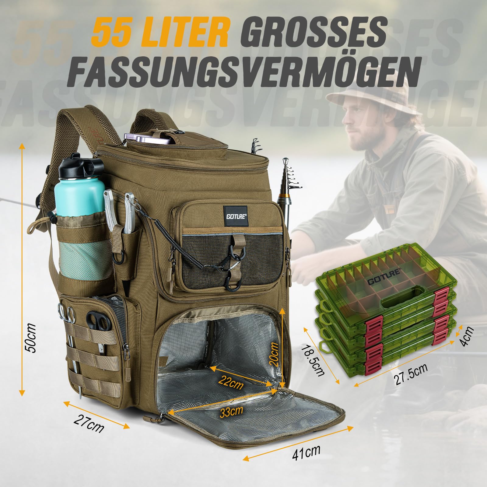 Goture Angelrucksack mit 4 Köderbox Angeln, 55-Liter Angelzubehör-Rucksack mit Zwei Rutenhaltern und Regenschutz, 900D Oxford-Gewebe Wasserabweisende Angelgerätetasche mit verstellbarem Fach