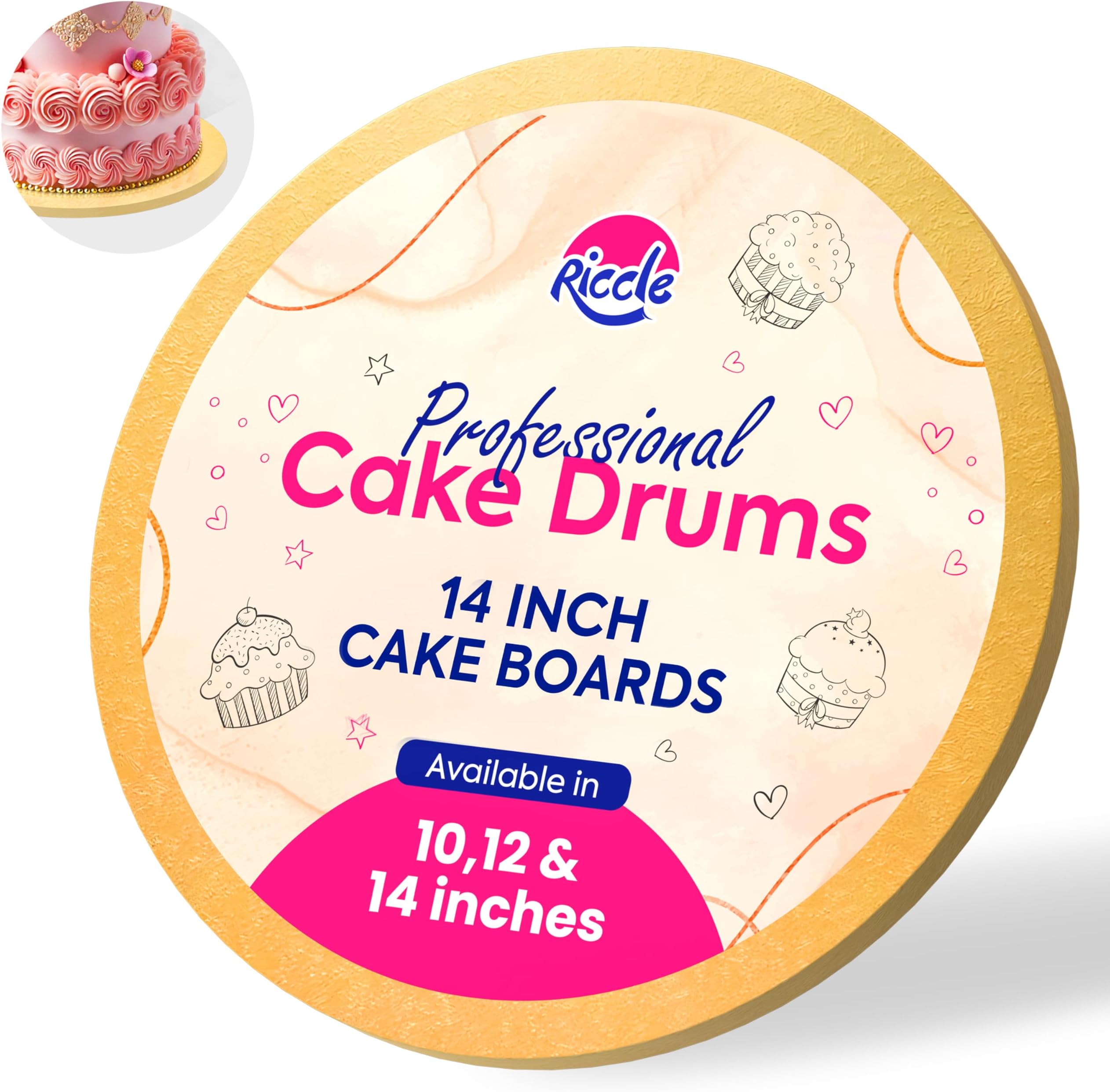 RICCLE 14 Inch Single Gold Cake Drum - Smooth-Edged Pack of 1 - Sturdy Boards Round - Bend Resistant Multi-Layered Base for Minimalist Displays