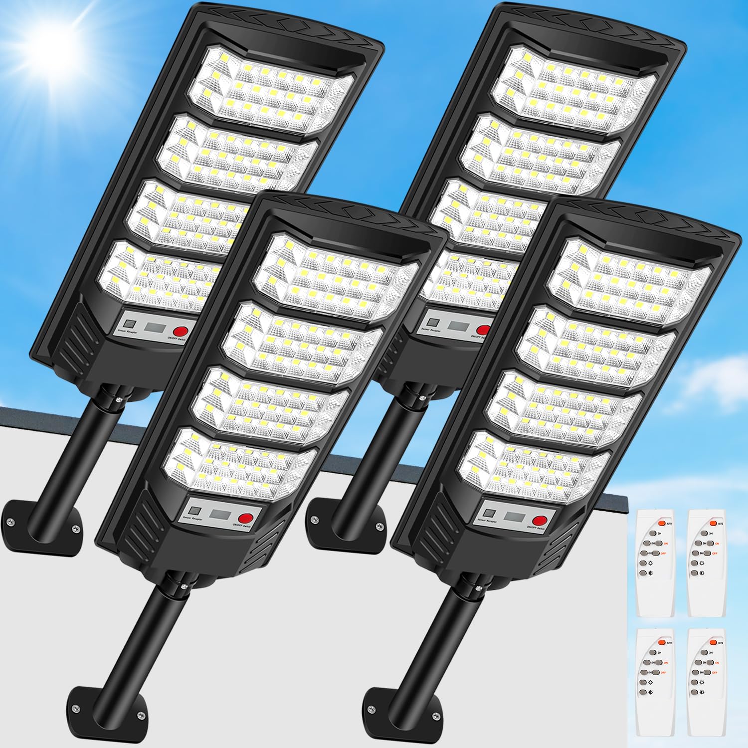 Solarlampen für außen mit Bewegungsmelder,6500K Solarleuchten für außen IP66 Wasserdichte,Solar Straßenlaterne Fernbedienung Solarlicht Beleuchtung für Terrasse Straße Garage Patio (4 Stück)