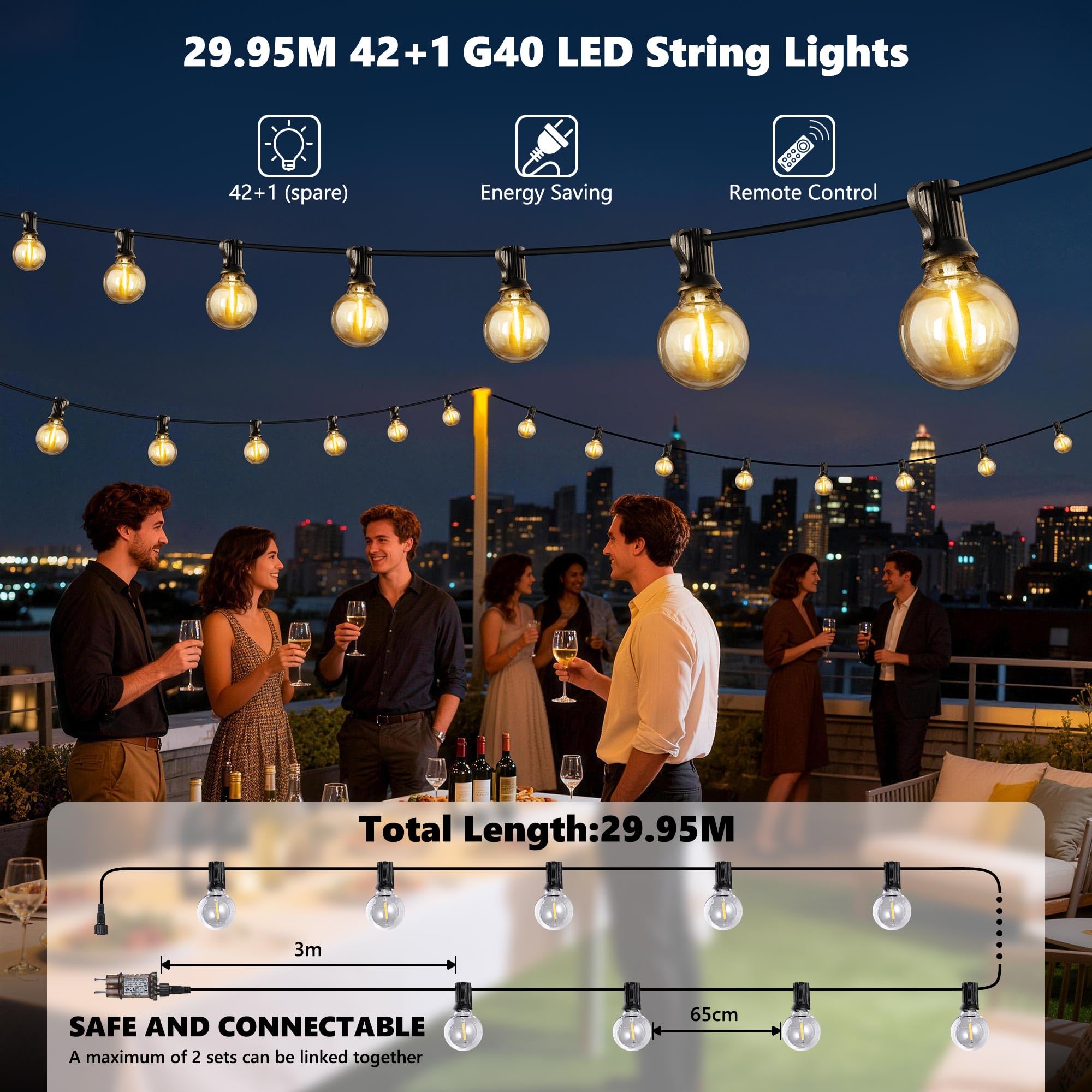 Joomer Guirlande Lumineuse Exterieure, 30M Guirlande Guinguette Exterieur 42+1 G40 Ampoules, 3 Modes Étanche Lampe Solaire Exterieur Dimmable avec Télécommande pour Jardin Terrasse Mariage
