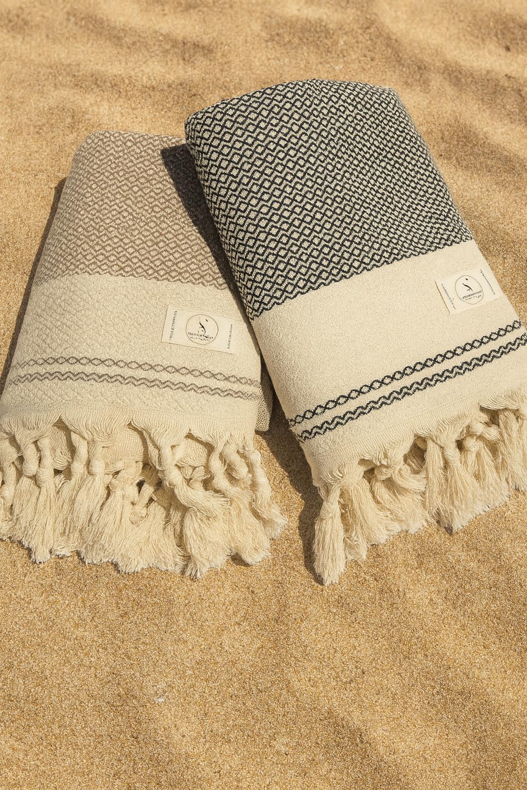 Hamamtuch 2er Pack – Leichtes Strandtuch & Saunatuch aus recycelter Baumwolle – Schnell Trocknend, Groß & Weich – 90cm x 200cm – Ideal für Strand, Sauna, Yoga, Picknick – Beige & Schwarz