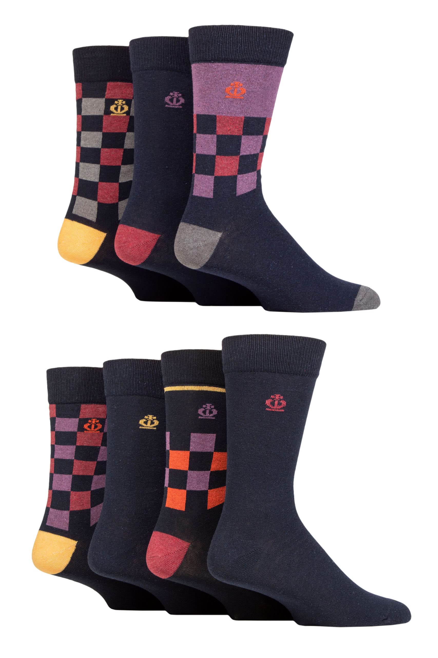 Jeff Banks Men's Checkered Navy Recycled Cotton Patterned Socks Pack Of 7 7-11
