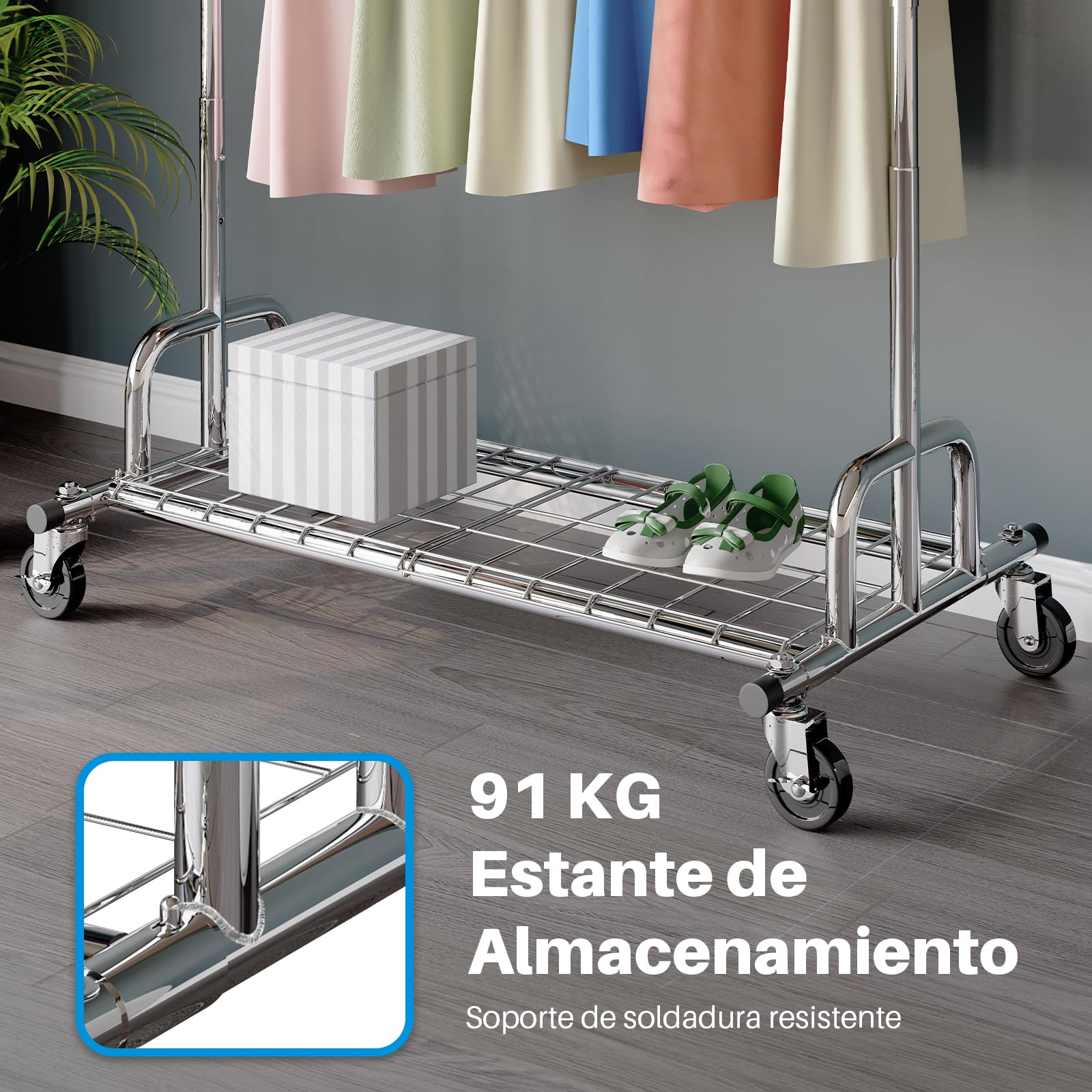 HOKEEPER Burro de Ropa Resistente 238kg, Barra Extensible con Ruedas Bloqueables y Estante, Ahorra Espacio para Dormitorio, Apartamento, Lavandería, Plateado