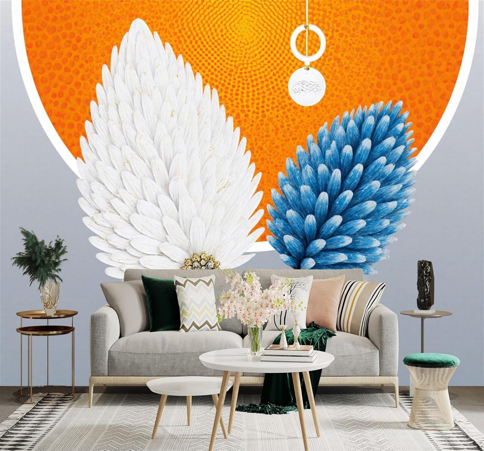 Tzxztt 400Cm×280Cm(B×H) White Blue Feathers Art Abstract Gold Orange Modern 3D Wallpaper Premium Textured Silk Neutral Tones Material Ideal For Living Room Bedroom-400Cm×280Cm