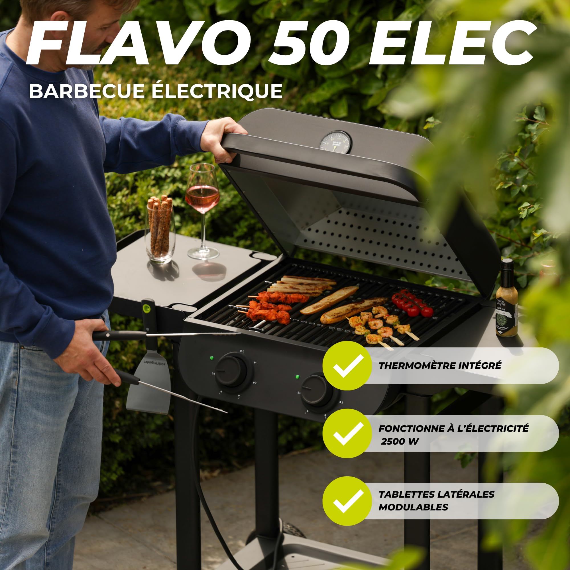 Cook'in Garden - Flavo 50 SC Élec, Barbecue Électrique, Résistance en Inox 2500 W, Thermomètre intégré, Montage facile en 15 minutes, Jusqu'à 10 convives, Utilisation extérieure
