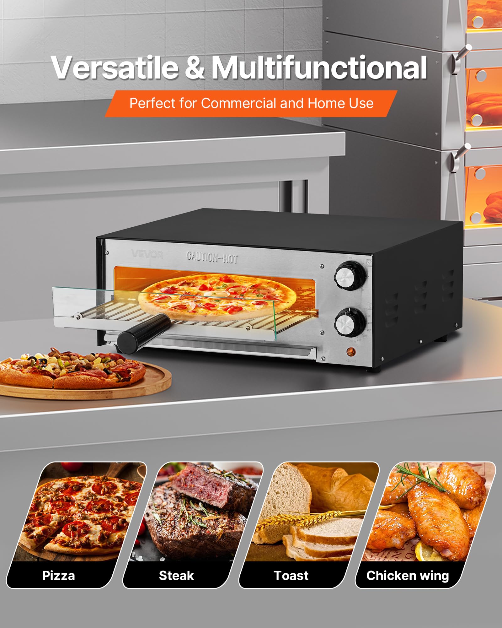 VEVOR elektrischer Pizzaofen für 305 mm Pizza 1450 W Pizzabackofen bis 300 °C, Pizzamaker mit Zeit- und Temperaturregelung, Pizzabackmaschine Pizzamaschine multifunktional Grillofen Schwarz