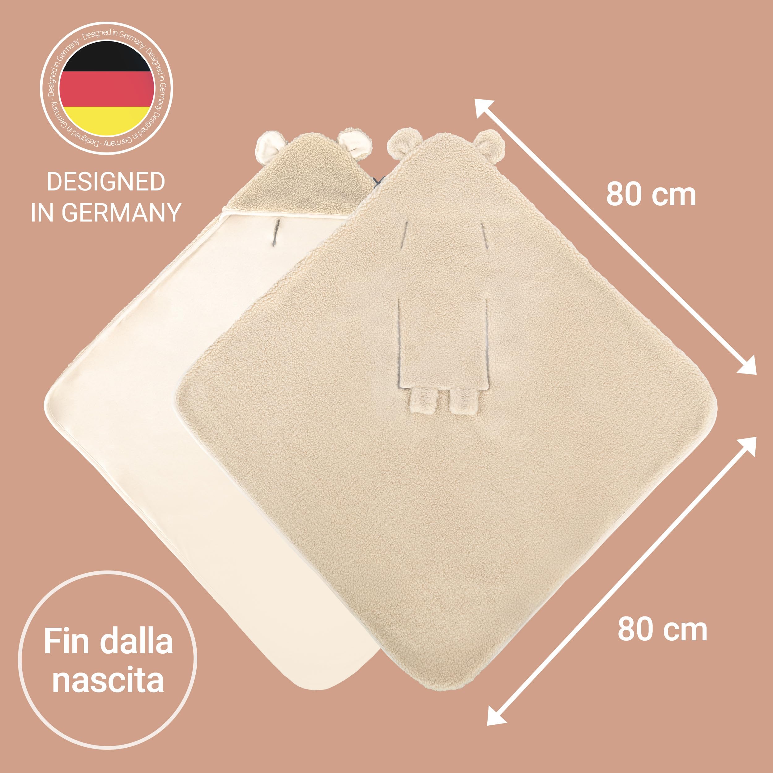 Zamboo Copertina Avvolgente - Morbida Copertina per Neonati con Cappuccio e Aperture per Cinture | Certificato OEKO-TEX, 80x80 cm - Copertina Ovetto, Seggiolini Auto, Passeggini e Carrozzine | Beige