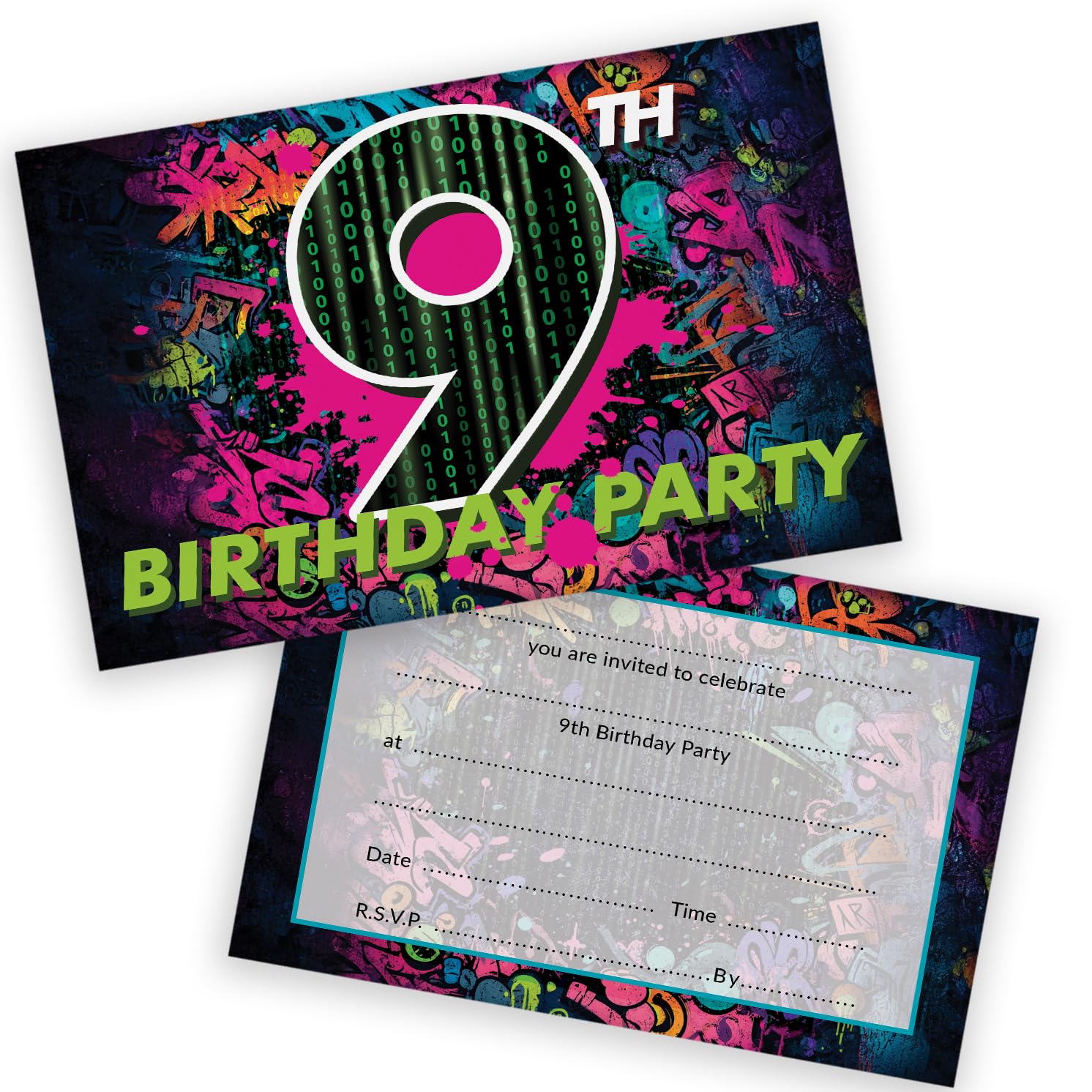 Stuff4 Playful 9th Birthday Party Invitations - Bring the Energy - Graffiti-inspired 9th Birthday Design in Bold Pink and Green - 20 Pack, Envelopes Included