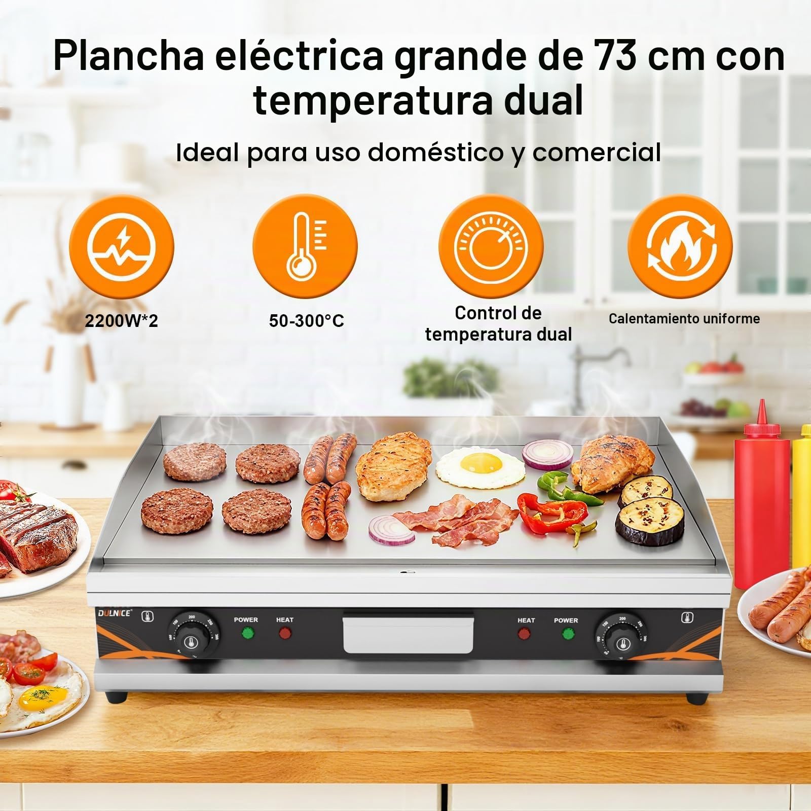 Plancha Electrica Profesional de Acero Inoxidable 73 x 40 cm Plancha Cocina Electrica 4400W, Temperatura Ajustable 50-300 °C con Bandeja Recoge Grasa, Antisalpicaduras, Fácil de Limpiar