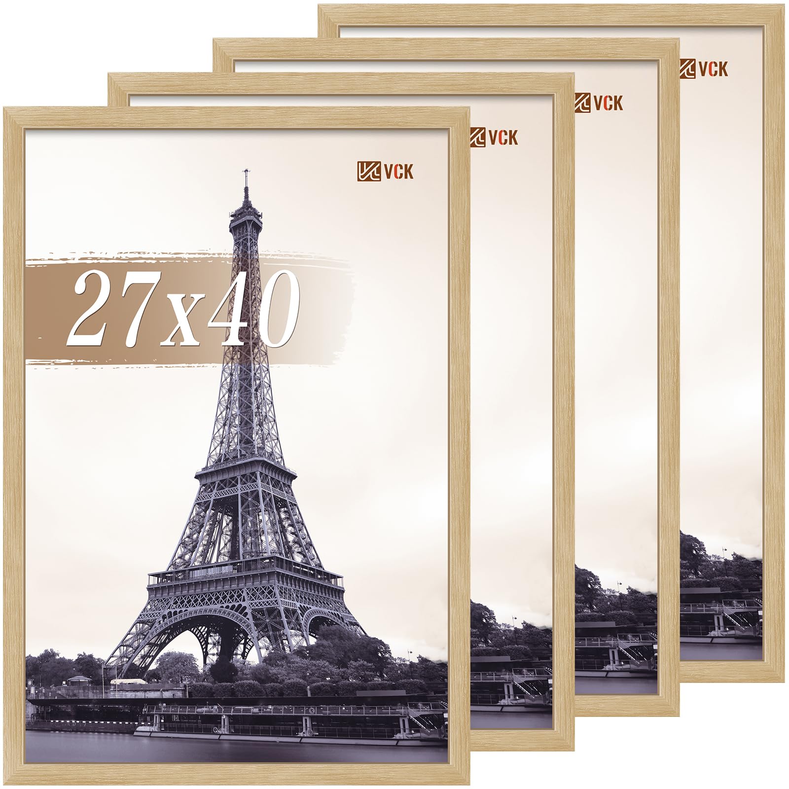 VCK 27x40 Picture Frame Set of 4 - Oak, Gallery-Quality Wood Poster Frames, 1.1-Inch Wide Border, Polished Plexiglass, Vertical or Horizontal Wall Display for Photo/Art/Prints, Natural Oak