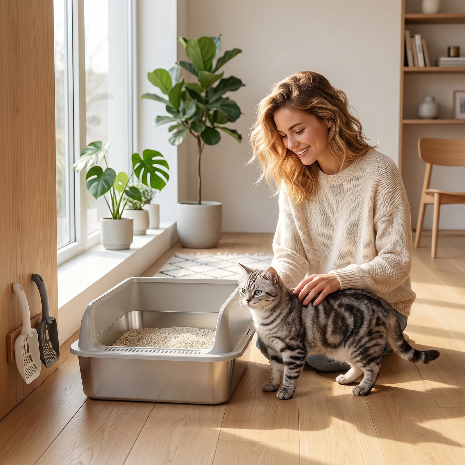 Set di 2 lettiere per gatti in acciaio inox, grande lettiera in acciaio inox, con bordo alto, per gatto, 60 x 40 x 20 cm, pala per gatti (L)