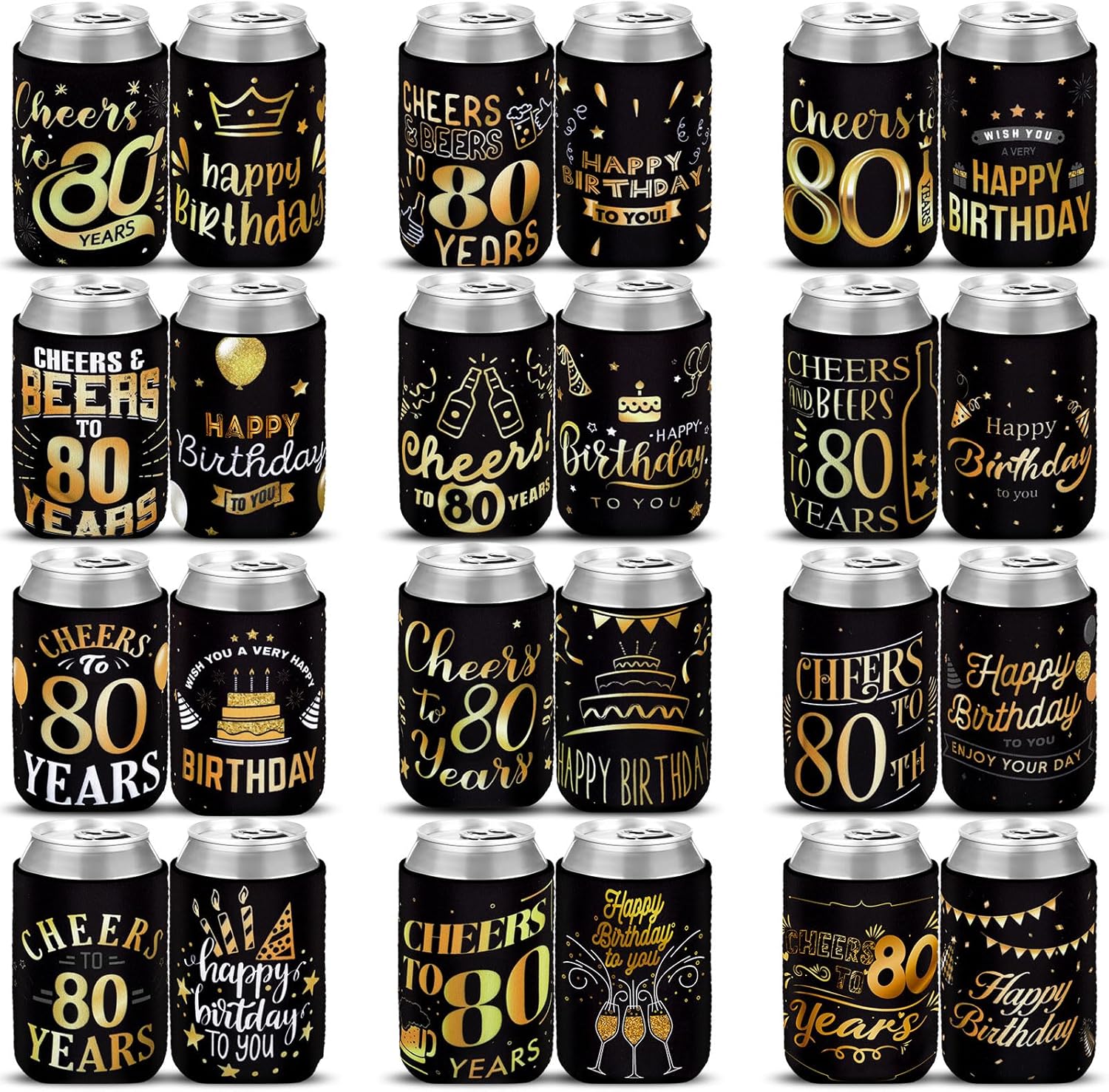 Umigy 24 Pcs 80th Birthday Can Sleeve to 80 Years Can Neoprene Cooler Birthday Decorations Party Favors Supplies Gift for Men Women