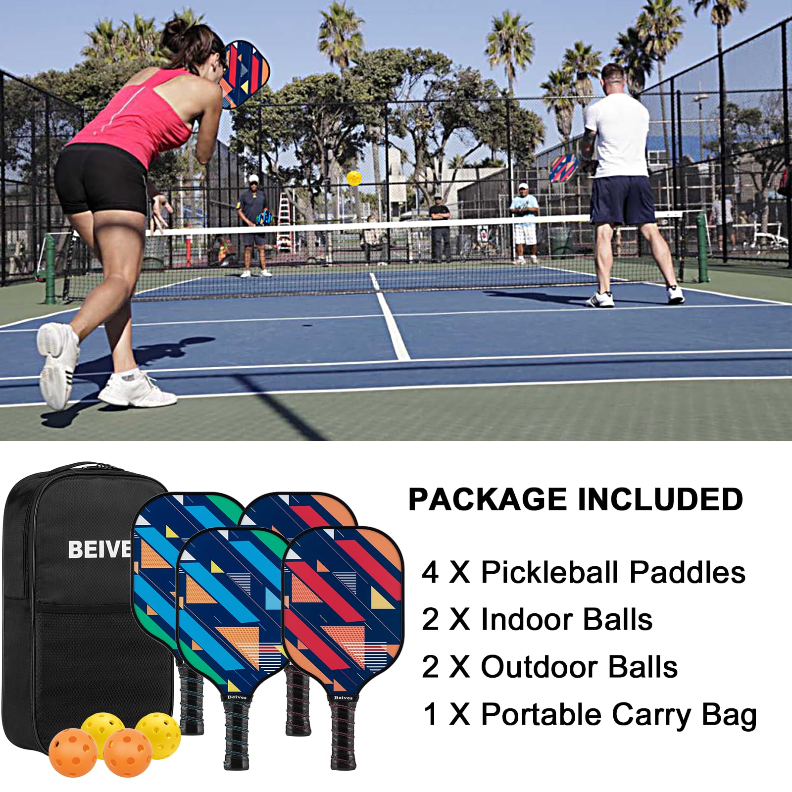 Set di 4 racchette da pickleball leggeri, 4 racchette da pickleball e 4 palline con borsa portatile per il trasporto