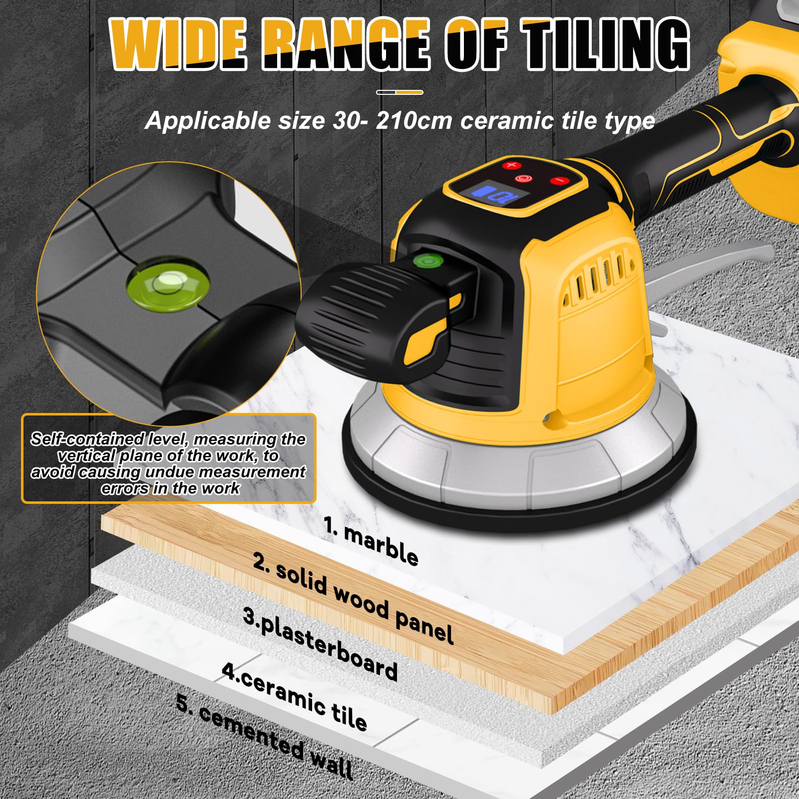 Machine à carreler compatible avec Dewalt 20V, Vibrateur électrique pour carrelage Avec ventouse de 15cm 10 vitesses réglables Capacité d'absorption de 60kg Machine pour les carreaux de 120 x 120cm